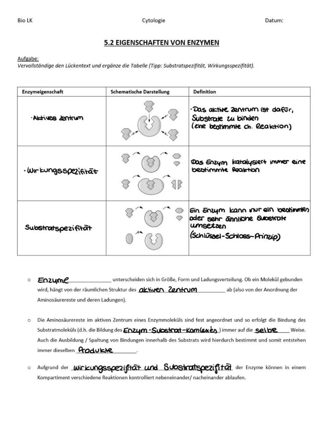 Bio LK
Enzymeigenschaft
Aufgabe:
Vervollständige den Lückentext und ergänze die Tabelle (Tipp: Substratspezifität, Wirkungsspezifität).
Akti