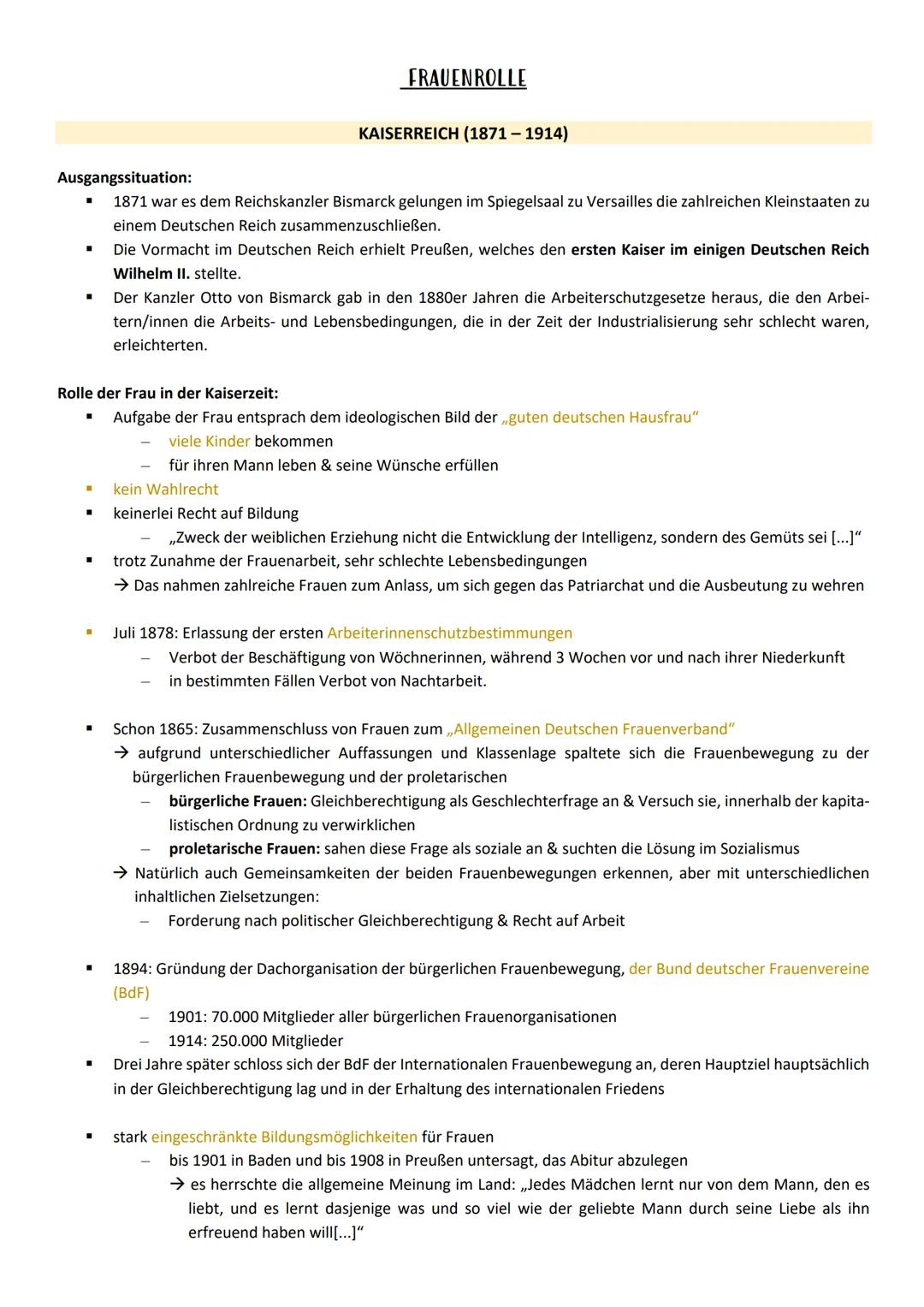 # FRAUENROLLE

## KAISERREICH (1871-1914)

Ausgangssituation:

*   1871 war es dem Reichskanzler Bismarck gelungen im Spiegelsaal zu Versail