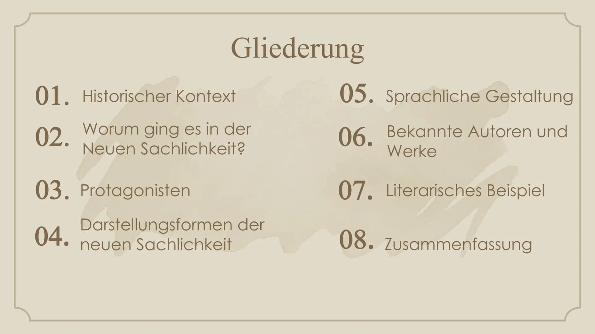 +
+
Neue
Sachlichkeit
Helin
10D Gliederung
01. Historischer Kontext
02.
Worum ging es in der
Neuen Sachlichkeit?
03. Protagonisten
04.
Darst