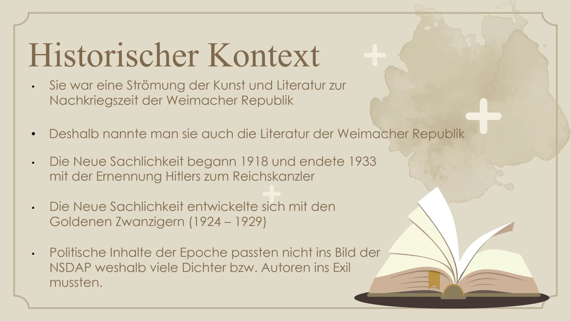 +
+
Neue
Sachlichkeit
Helin
10D Gliederung
01. Historischer Kontext
02.
Worum ging es in der
Neuen Sachlichkeit?
03. Protagonisten
04.
Darst