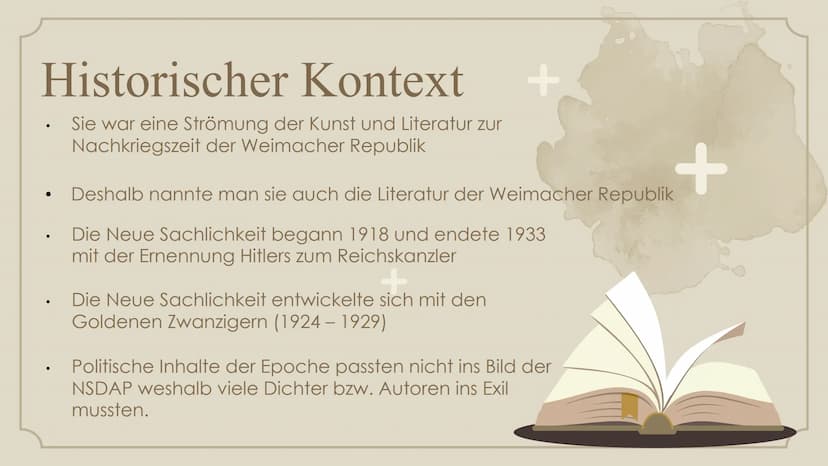 +
+
Neue
Sachlichkeit
Helin
10D Gliederung
01. Historischer Kontext
02.
Worum ging es in der
Neuen Sachlichkeit?
03. Protagonisten
04.
Darst