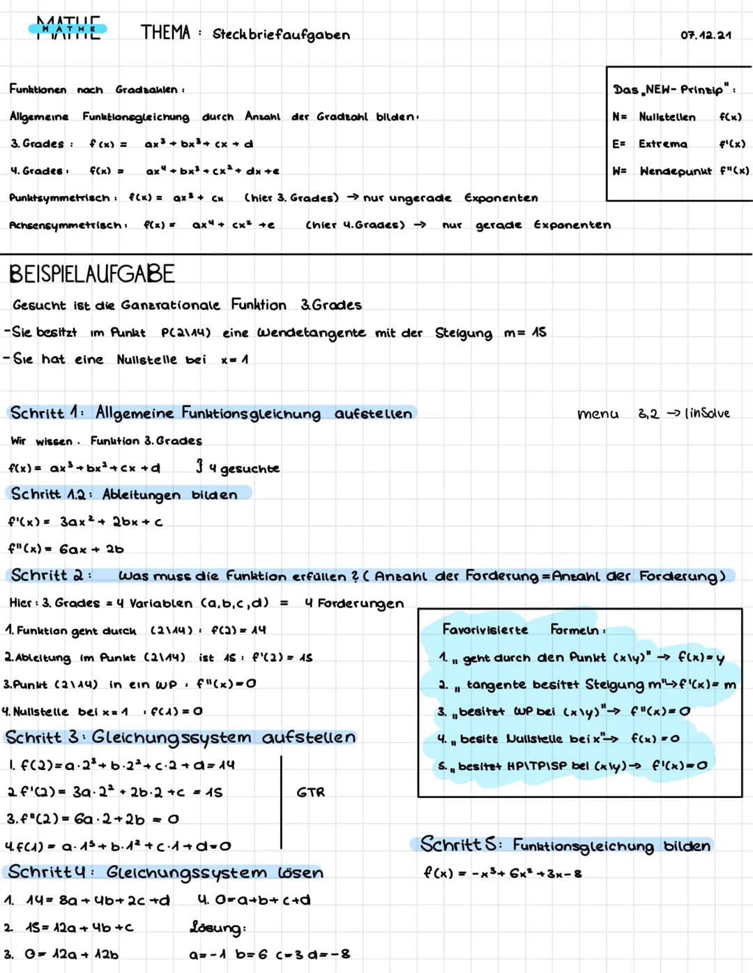 MATUE
ATHE
VALOIL
Funktionen nach Gradzahlen.
Allgemeine Funktionsgleichung durch Anzahl der Gradzahl bilden.
3. Grades: f (x) =
ax³ + bx³+ 