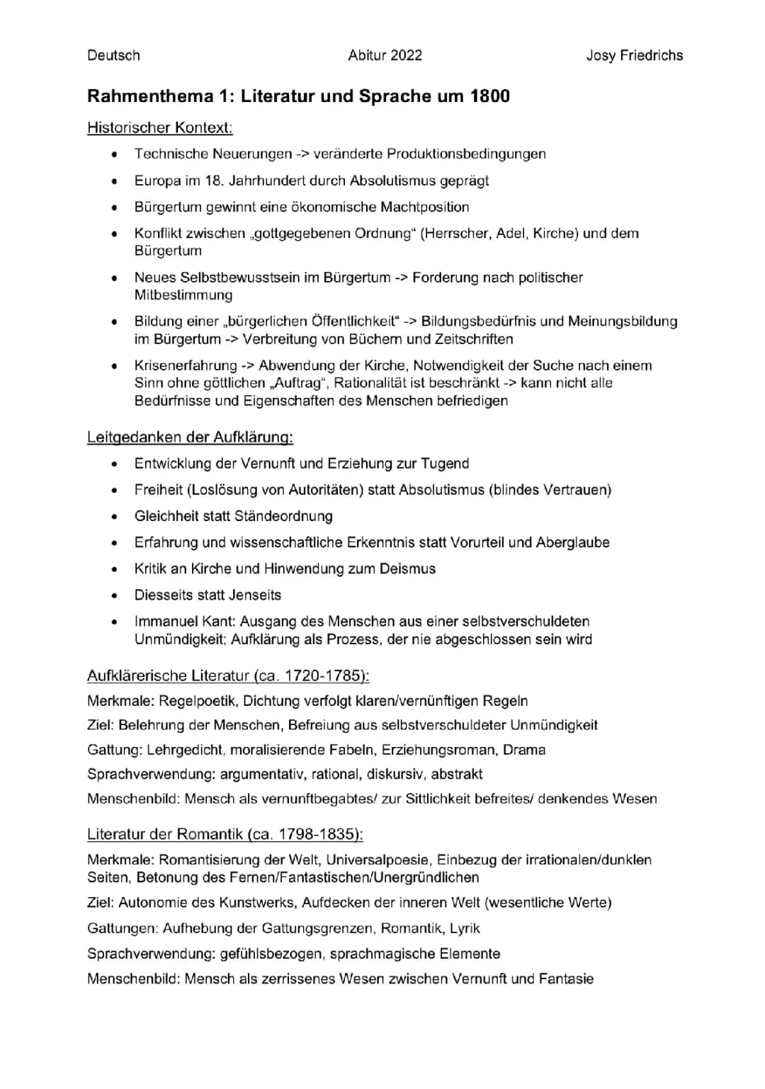 Literatur und Sprache um 1800