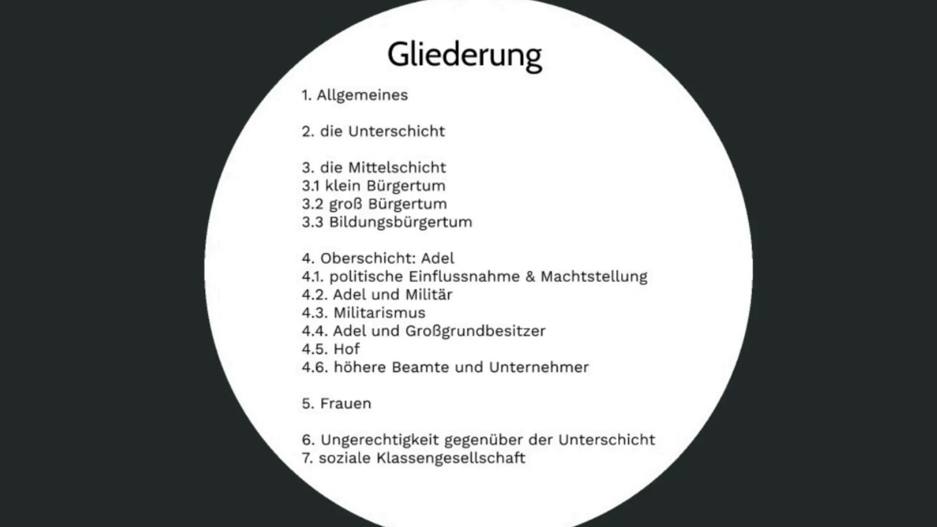 Die Gesellschaft im Kaiserreich
Emma Wagenknecht
Gliederung
Allgemeines
Die
Schichten Gliederung
1. Allgemeines
2. die Unterschicht
3. die M