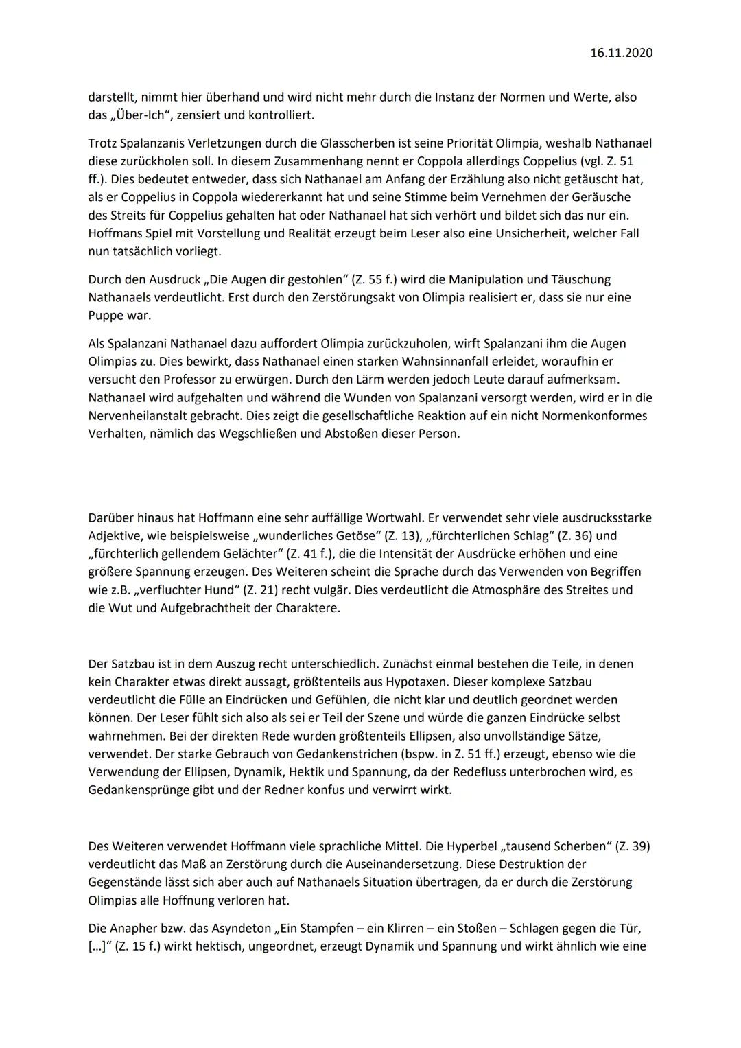 ,Der Sandmann" - Analyse (S. 39-41)
"}
16.11.2020
Die Erzählung ,,Der Sandmann", geschrieben von E.T.A. Hoffmann und veröffentlicht 2004 von