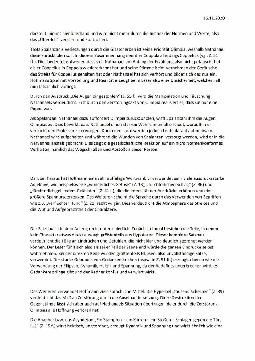 ,Der Sandmann" - Analyse (S. 39-41)
"}
16.11.2020
Die Erzählung ,,Der Sandmann", geschrieben von E.T.A. Hoffmann und veröffentlicht 2004 von