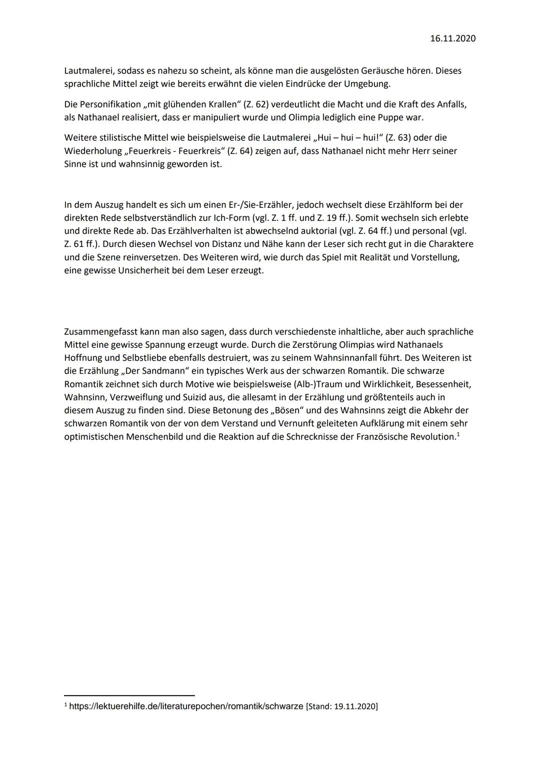 ,Der Sandmann" - Analyse (S. 39-41)
"}
16.11.2020
Die Erzählung ,,Der Sandmann", geschrieben von E.T.A. Hoffmann und veröffentlicht 2004 von