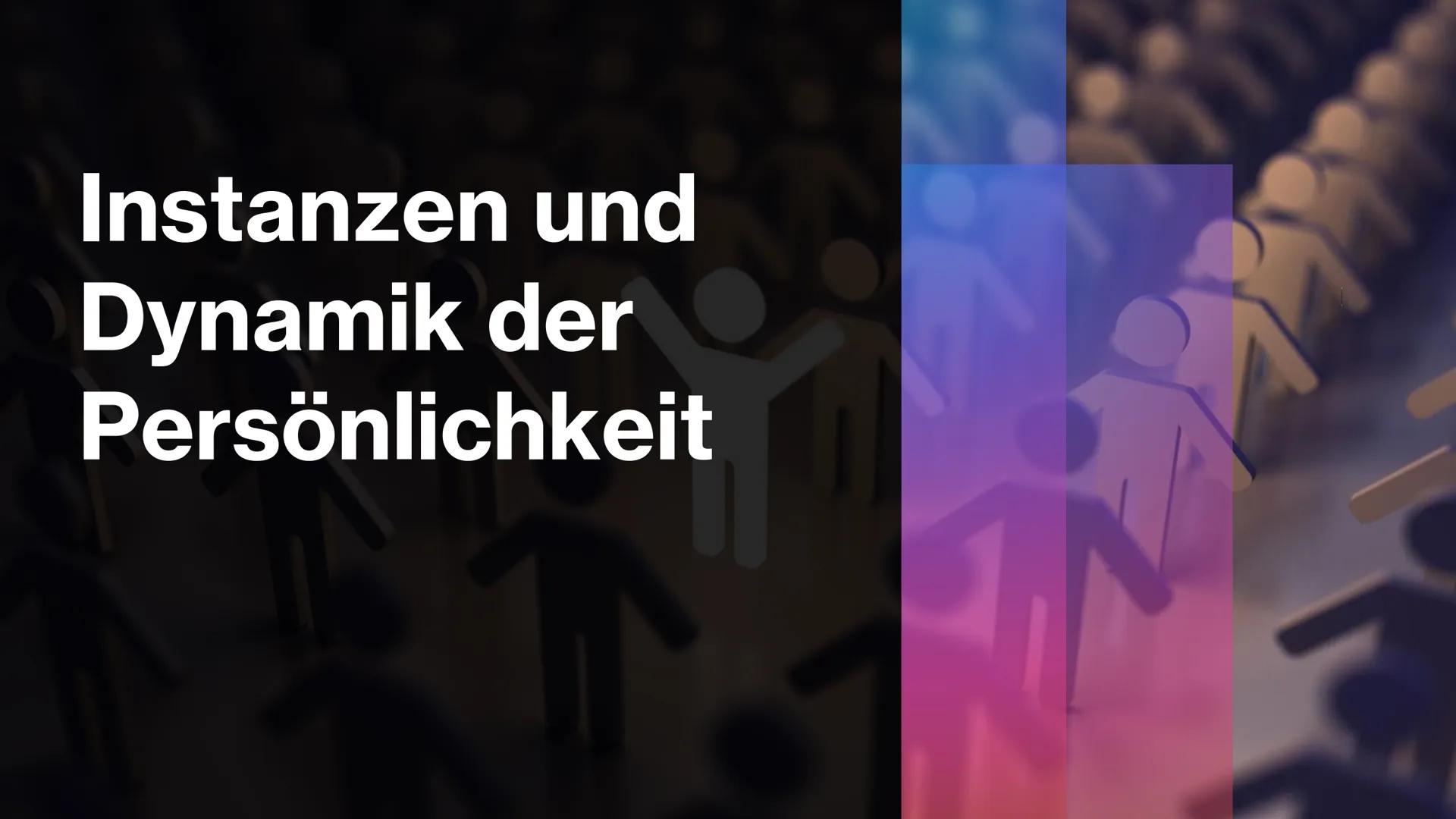 Instanzen und
Dynamik der
Persönlichkeit
it
k Instanzen nach Freud:
●
Ich:
Es:
• Über-Ich:
Instanz der Auseinandersetzung mit Realität/Allta