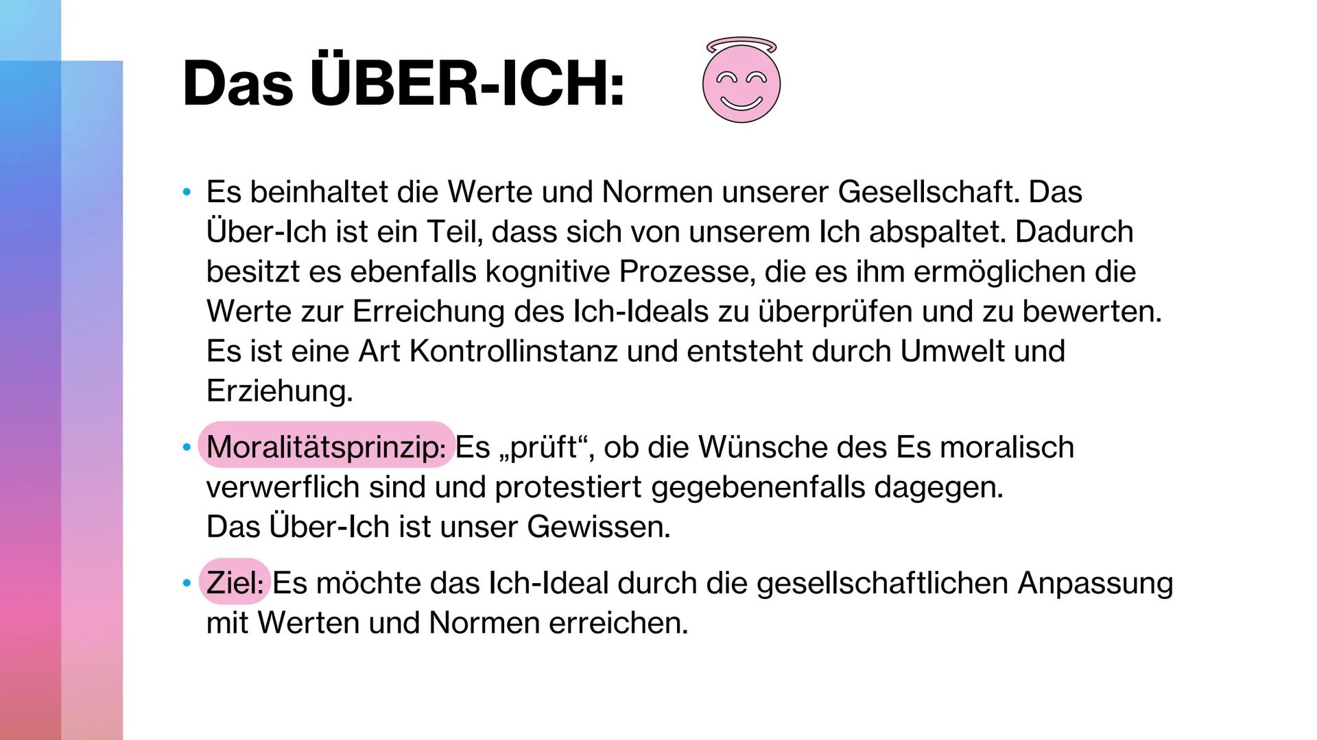 Instanzen und
Dynamik der
Persönlichkeit
it
k Instanzen nach Freud:
●
Ich:
Es:
• Über-Ich:
Instanz der Auseinandersetzung mit Realität/Allta