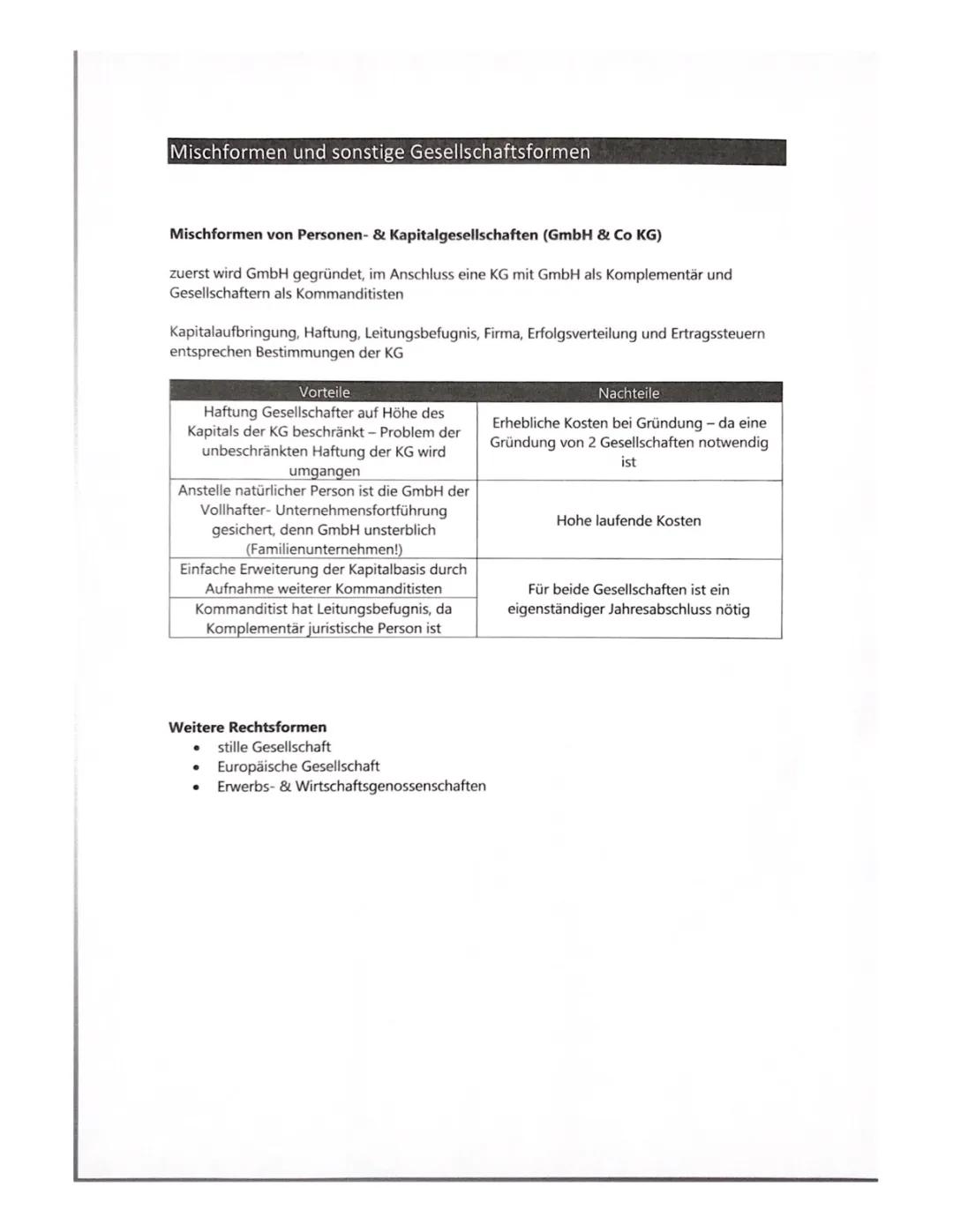 Mischformen der Rechtsformen - Übersicht Tabelle, Merkmale und Vorteile von GmbH & Co. KG