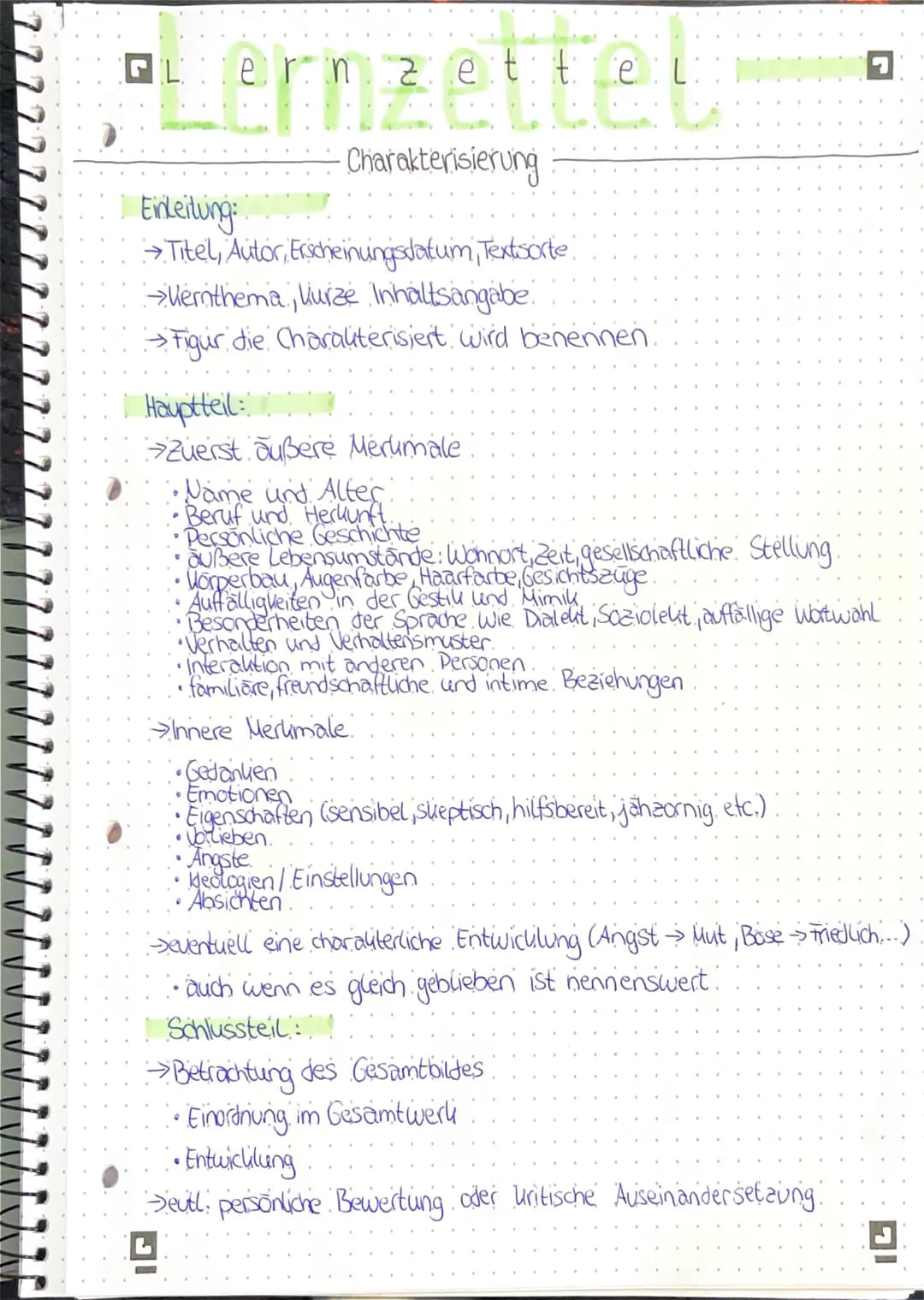 Lernzette L
Charakterisierung
Einleitung:
→ Titel, Autor, Erscheinungsdatum, Textsorte.
→ Werthema, Kurze Inhaltsangabe.
→ Figur die Charakt
