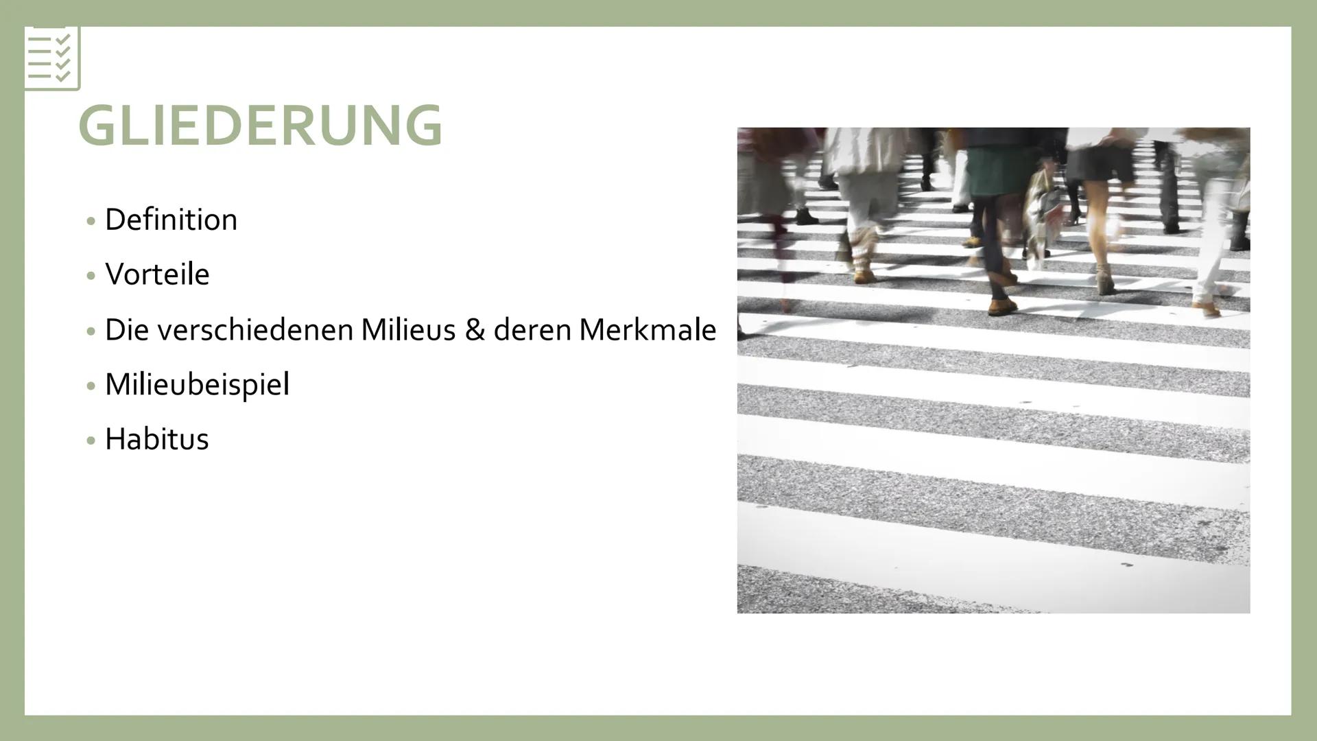 SINUS-MILIEUS
[Referent, Kurs] GLIEDERUNG
●
• Vorteile
●
●
Definition
●
Die verschiedenen Milieus & deren Merkmale
Milieubeispiel
Habitus DE