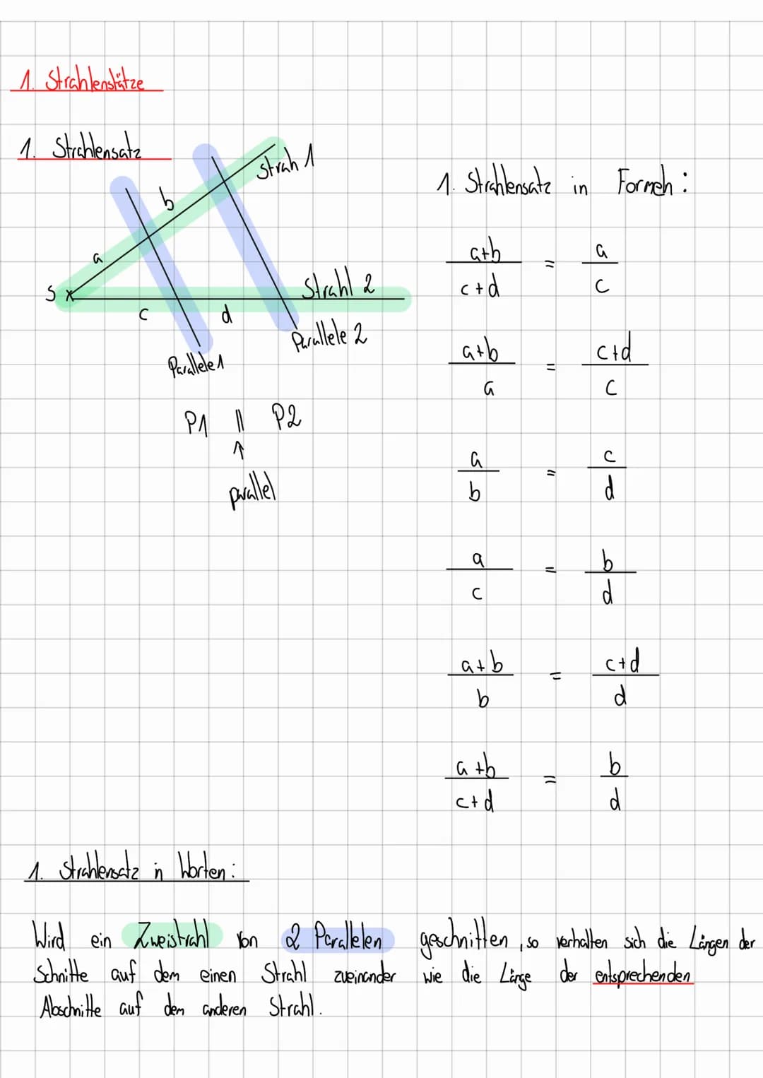 1. Strahlenstütze
1. Strahlensatz
SX
a
с
d
Parallele 1
strah 1
Strahl 2
Parallele 2
P₁ 11 P2
↑
parallel
1. Strahlensatz in
ath
c+d
a+b
G
مـى