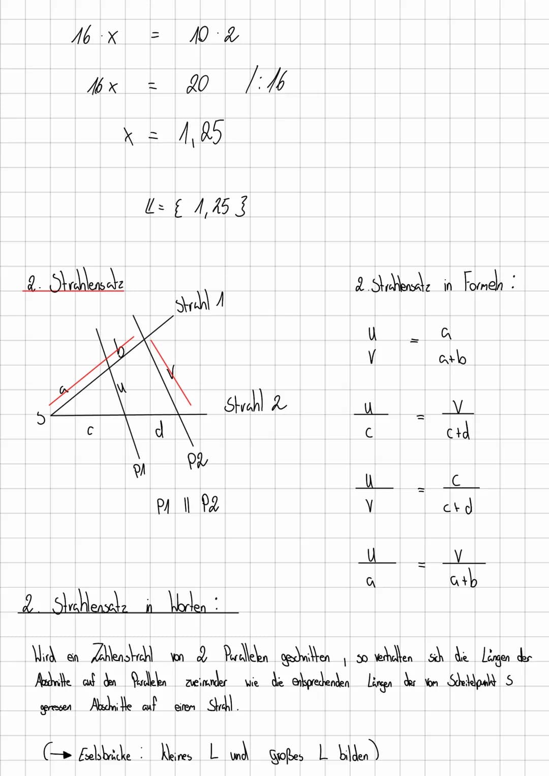 1. Strahlenstütze
1. Strahlensatz
SX
a
с
d
Parallele 1
strah 1
Strahl 2
Parallele 2
P₁ 11 P2
↑
parallel
1. Strahlensatz in
ath
c+d
a+b
G
مـى