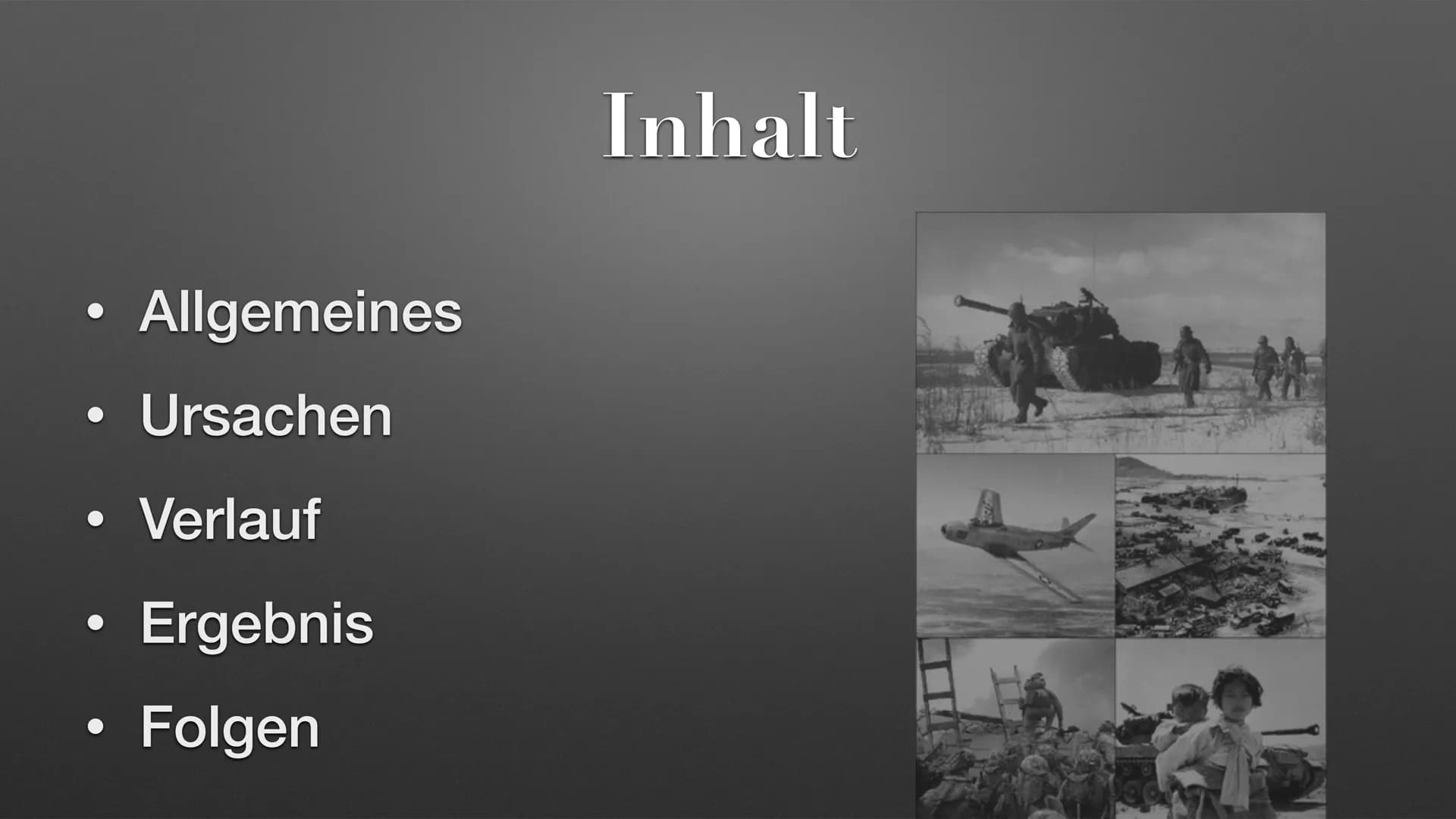 THE
der Koreakrieg Allgemeines
Ursachen
Verlauf
Ergebnis
Folgen
Inhalt ●
●
●
●
militärischer Konflikt
fand von 1950-1953 statt
Allgemeines
N