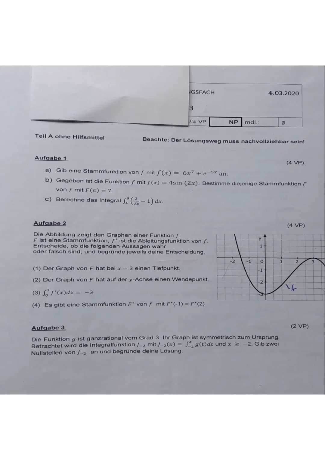 Teil A ohne Hilfsmittel
IGSFACH
3
/30 VP
NP mdl.:
Aufgabe 2
Die Abbildung zeigt den Graphen einer Funktion f.
F ist eine Stammfunktion, f' i