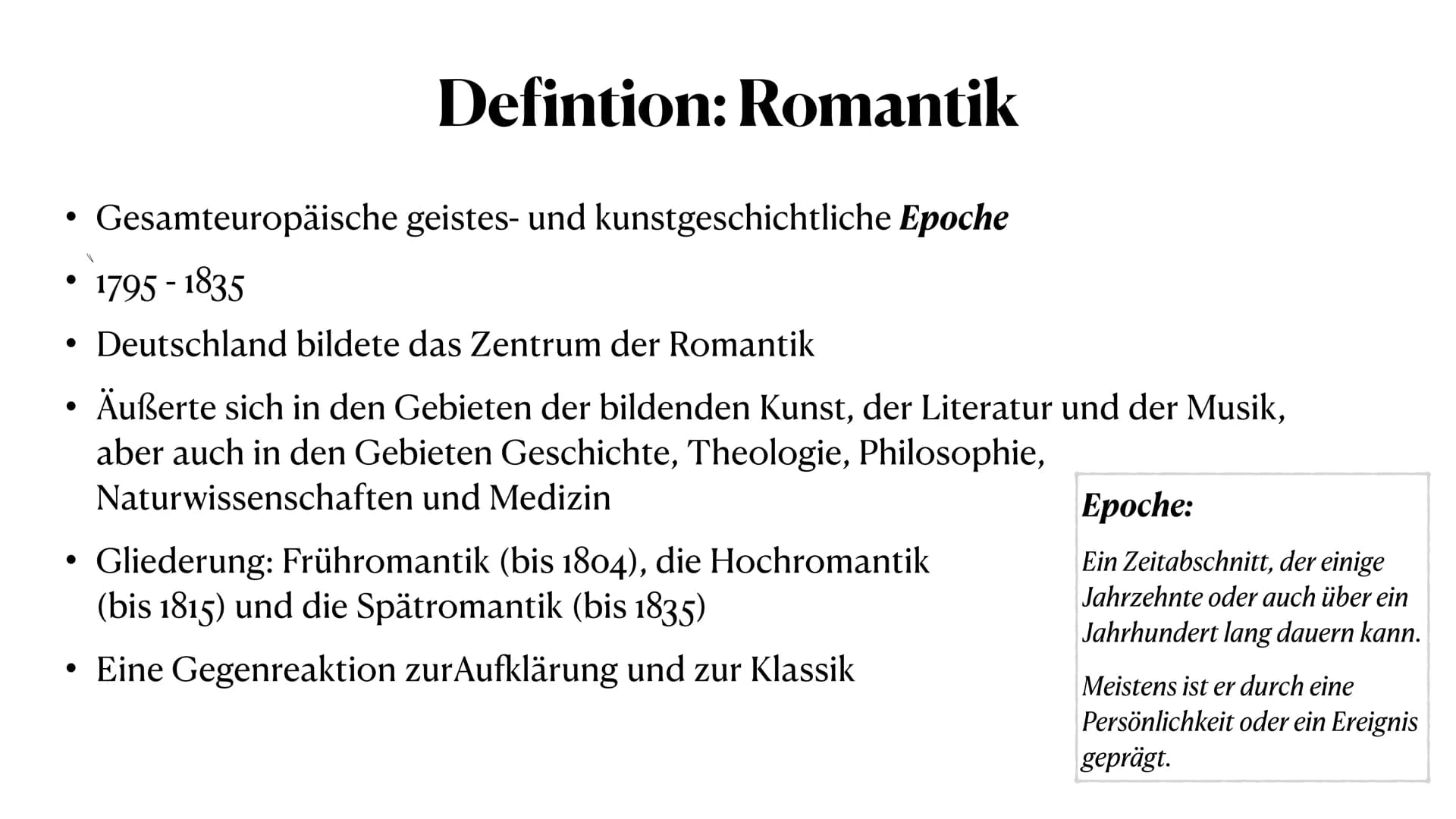 Romantik
Eine Epoche der Kulturgeschichte ●
●
Inhaltsverzeichnis
Definition Romantik
Merkmale & Inhalt
Litteraturgattungen
Der geschichtlich
