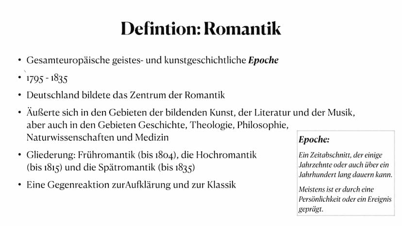 Romantik
Eine Epoche der Kulturgeschichte ●
●
Inhaltsverzeichnis
Definition Romantik
Merkmale & Inhalt
Litteraturgattungen
Der geschichtlich