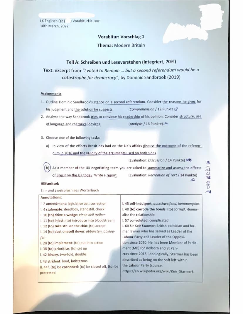 LK Englisch Q2 (
10th March, 2022
Vorabiturklausur
Vorabitur: Vorschlag 1
Thema: Modern Britain
Teil A: Schreiben und Leseverstehen (integri