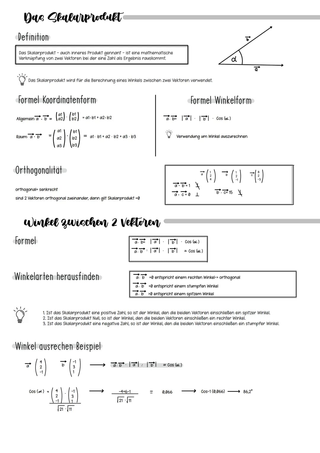Das Skalarprodukt
Definition
Das Skalarprodukt - auch inneres Produkt gennant - ist eine mathematische
Verknüpfung von zwei Vektoren bei der