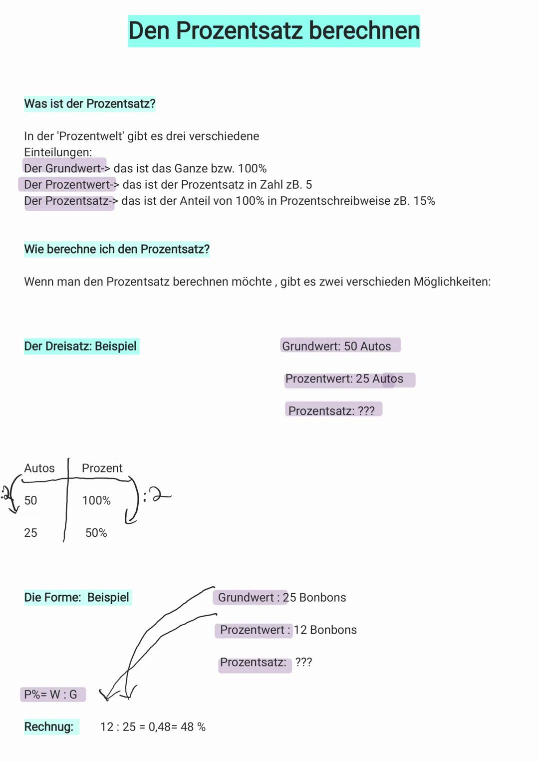 Was ist der Prozentsatz?
In der 'Prozentwelt' gibt es drei verschiedene
Einteilungen:
Der Grundwert-> das ist das Ganze bzw. 100%
Der Prozen