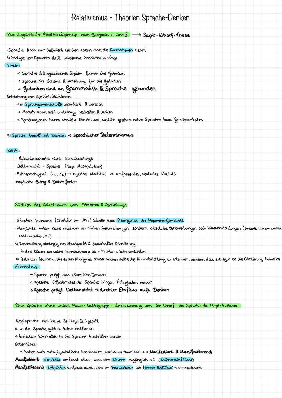 Relativismus - Theorien Sprache-Denken
Das Linguistische Relativitätsprinzip nach Benjamin C. Whorf →→Sapir-Whorf-These
•Sprache kann nur de