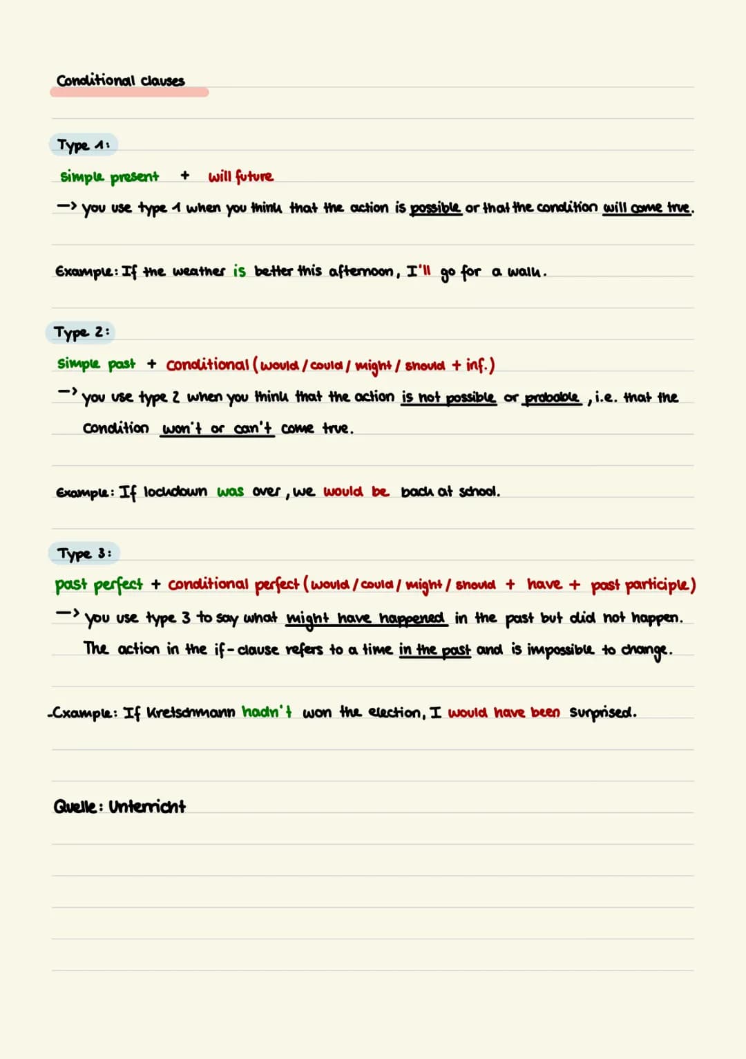 Conditional clauses
Type 1:
simple present + will future
-> you use type 1 when you think that the action is possible or that the condition 