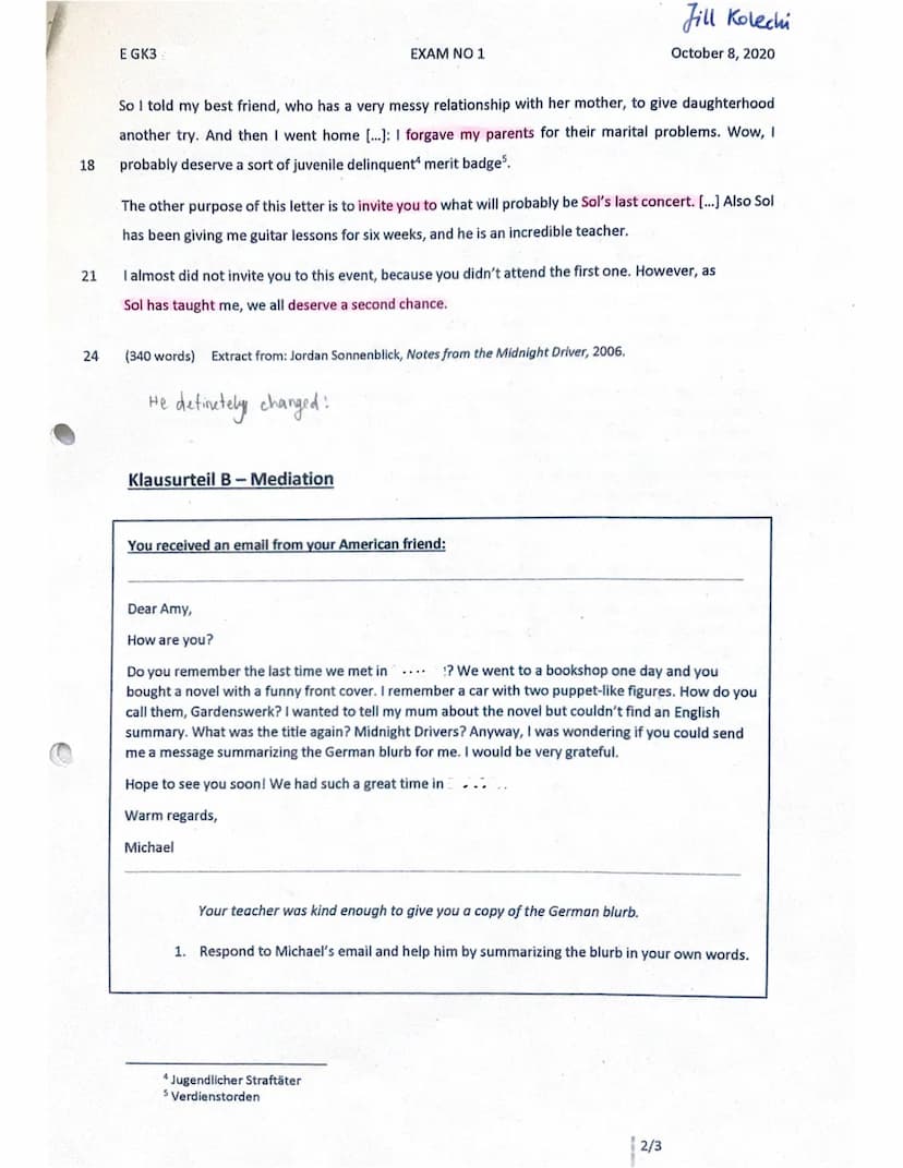 1. Inhaltliche Leistung - Teil A
Tellaufgabe 1 (Comprehension)
ENGLISCH S II: Klausuren gemäß KLP GOST
Kriteriales Bewertungsraster für Aufg