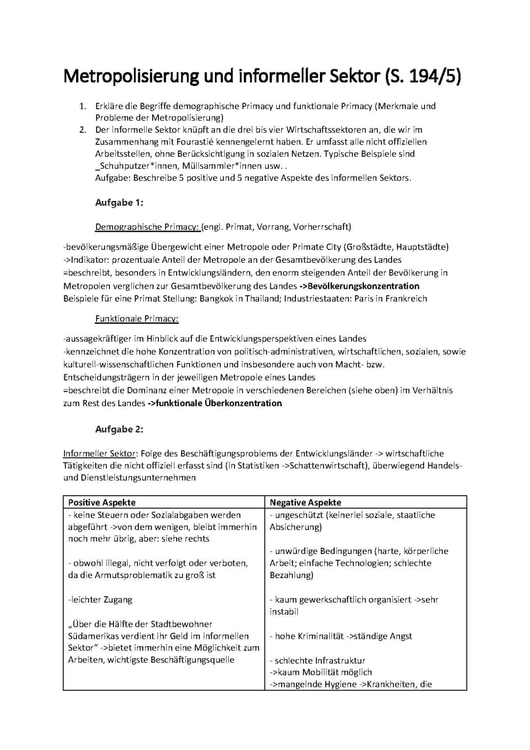 Metropolisierung und informeller Sektor 