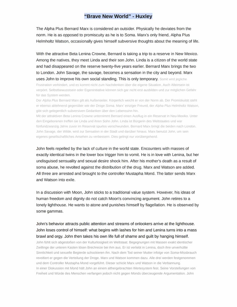 "Brave New World" - Huxley
Summary:
The Roman "Brave New World" by Aldous Huxley goes back to 1932. It portrays a futuristic
state with a to