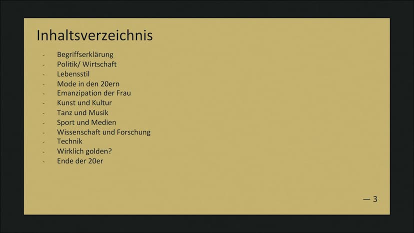 Die Goldenen Zwanziger
Von Liz und Greta
1 Die Goldenen
20er:
Assoziationen
- 2 Inhaltsverzeichnis
Begriffserklärung
Politik/Wirtschaft
Lebe
