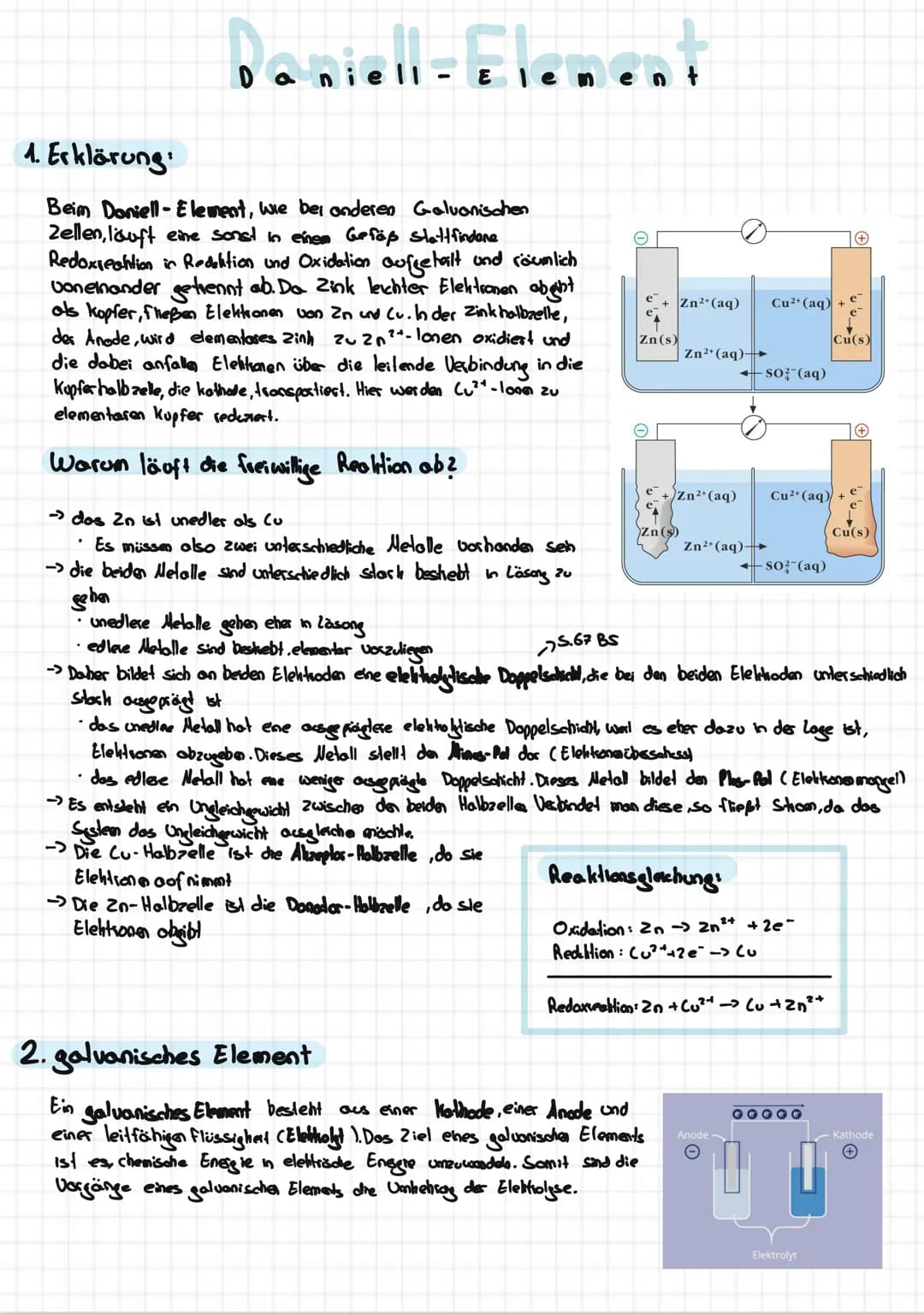 1. Erklärung
Beim Daniell-Element, wie bei anderen Galvanischen
Zellen, läuft eine sonst in einem Gefäß stattfindene
Redoxrection in Redakti