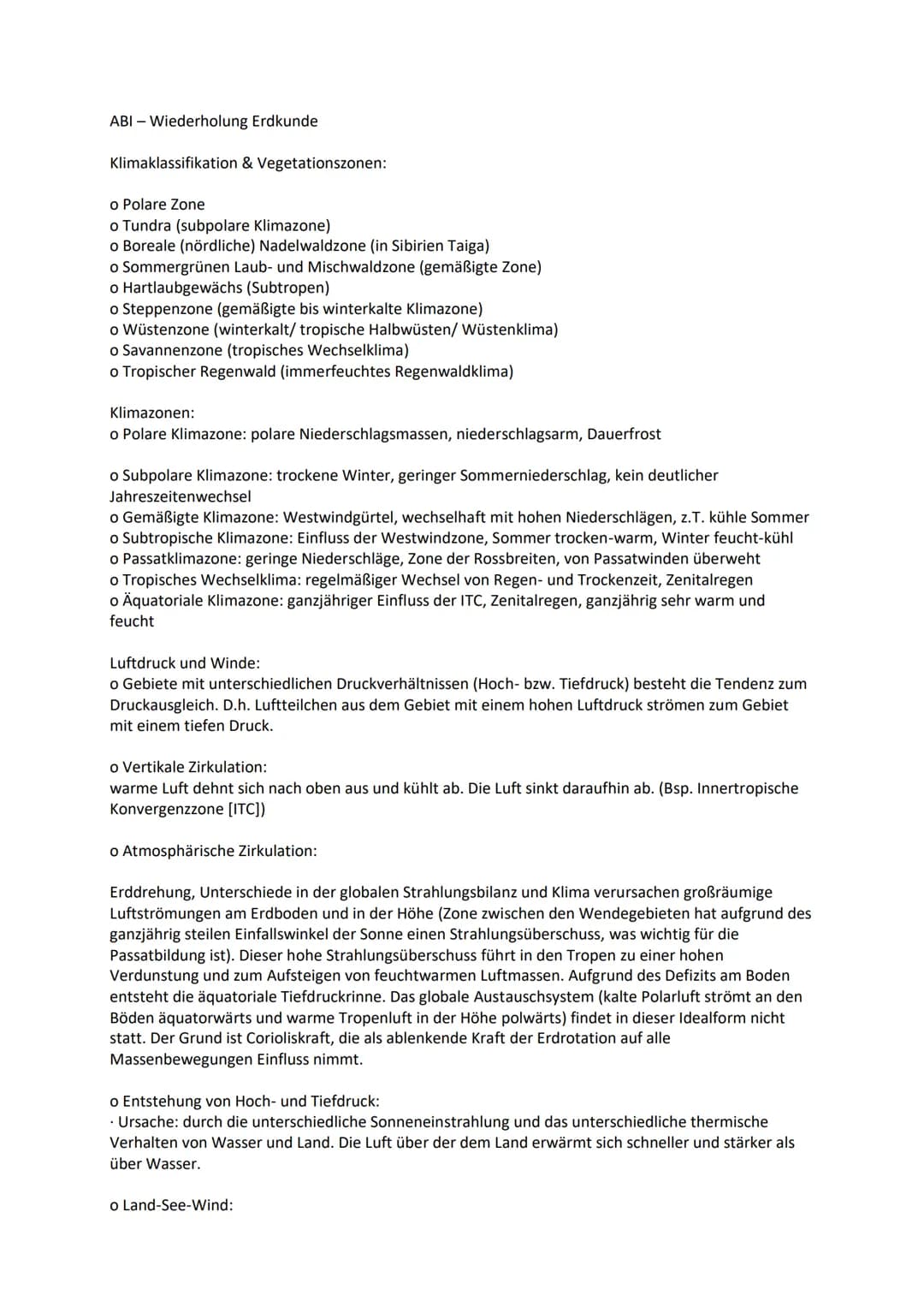 ABI - Wiederholung Erdkunde
Klimaklassifikation & Vegetationszonen:
o Polare Zone
o Tundra (subpolare Klimazone)
o Boreale (nördliche) Nadel