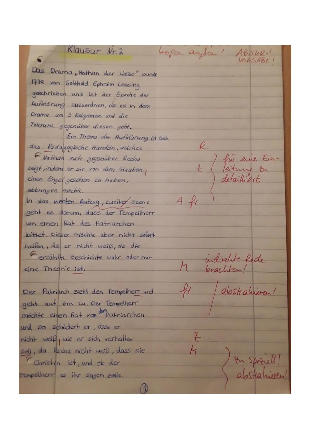 S
S
9
Aufgabenstellung:
1. Analysieren Sie den vorliegenden Auszug aus Gotthold Ephraim
Lessings ,,Nathan der Weise" (V. 2462-2566) mit Blic