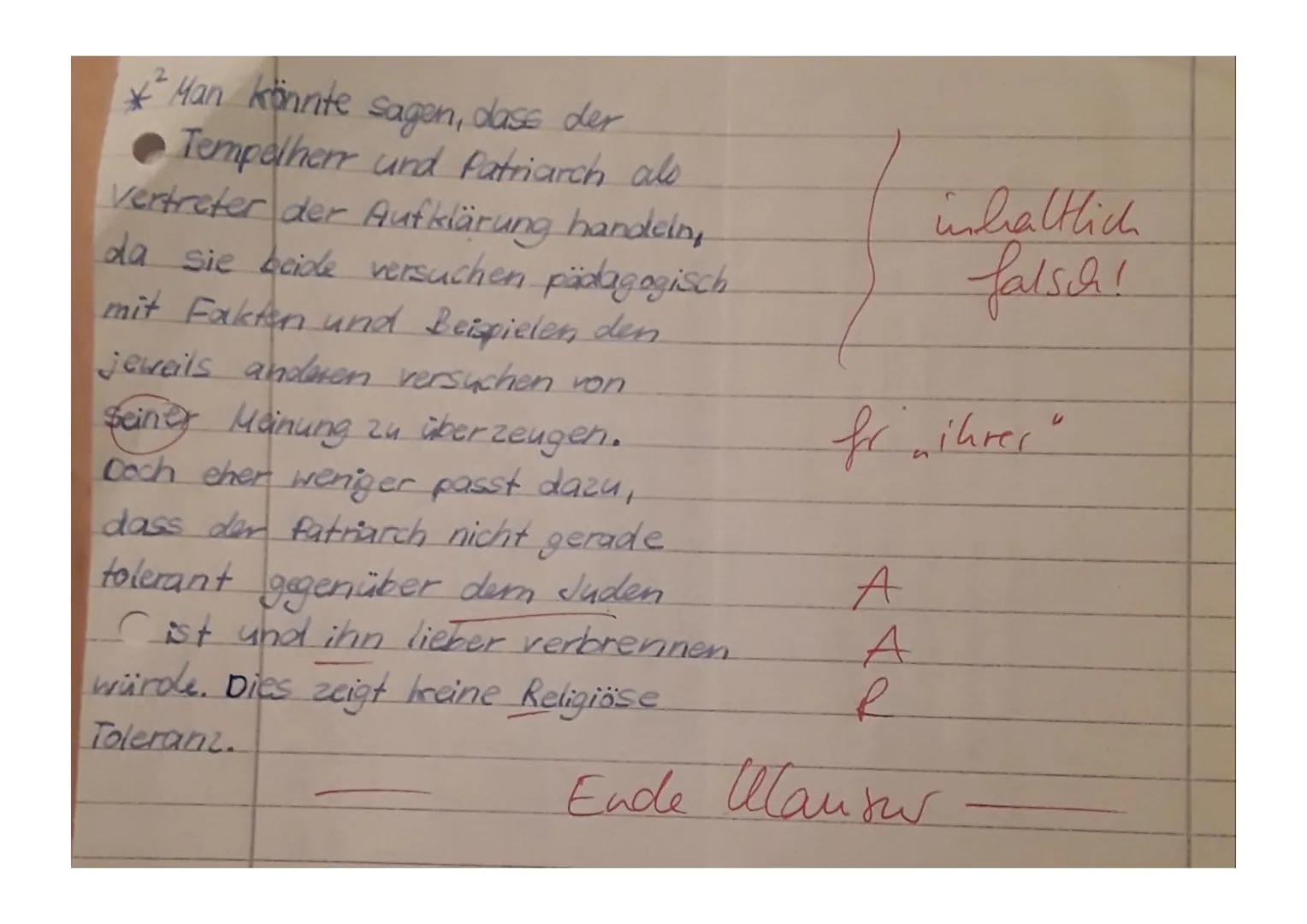 S
S
9
Aufgabenstellung:
1. Analysieren Sie den vorliegenden Auszug aus Gotthold Ephraim
Lessings ,,Nathan der Weise" (V. 2462-2566) mit Blic