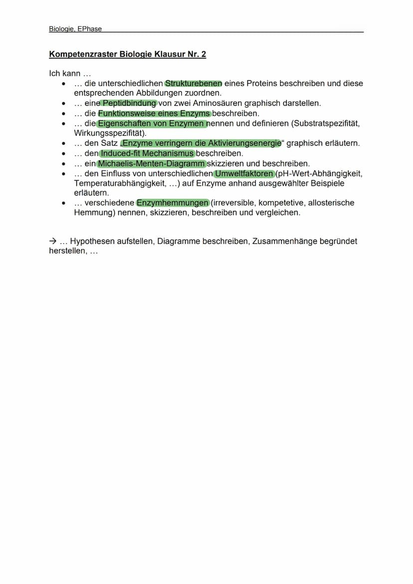 Lernzettel - 2. Biologie Klausur
Proteine:
Strukturebenen
Primärstruktur: Abfolge der Aminosäuren/ Aminosäurekette, die Funktion des Protein