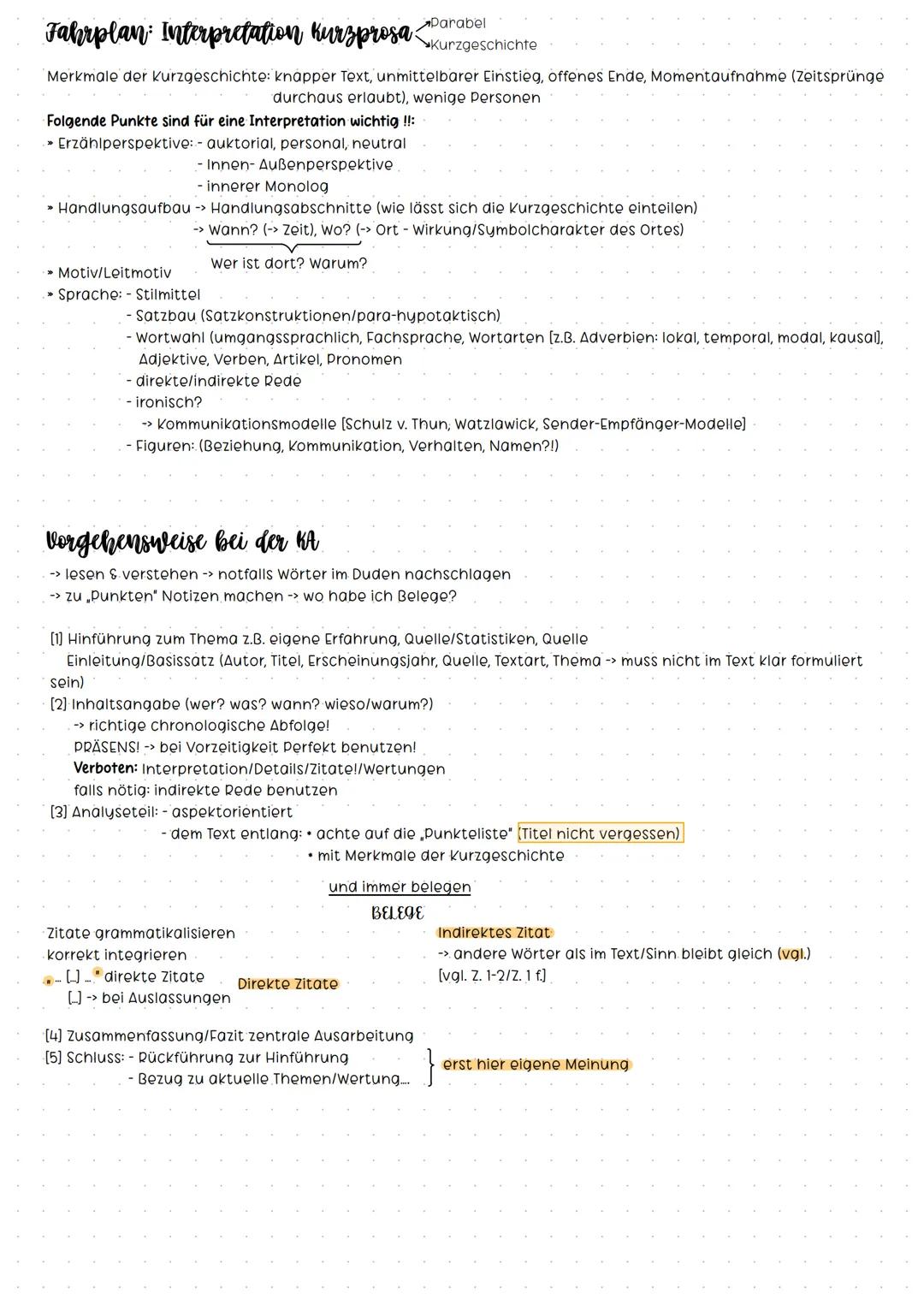 Fahrplan Interpretation Kurzprosa:
Merkmale der Kurzgeschichte: knapper Text, unmittelbarer Einstieg, offenes Ende, Momentaufnahme (Zeitsprü