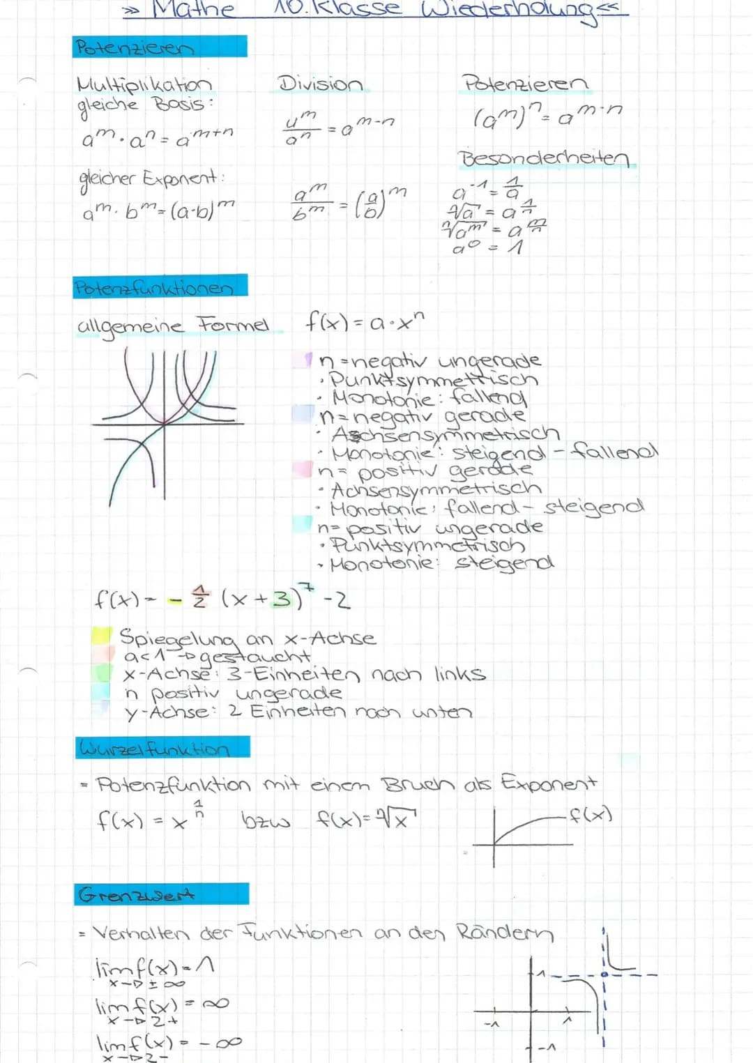 Mathe
Potenzieren
Multiplikation
gleiche Basis:
ama = a
imtn
gleicher Exponent
ambm (a-b)m
Potenzfunktionen
allgemeine Formel
10. klasse Wie