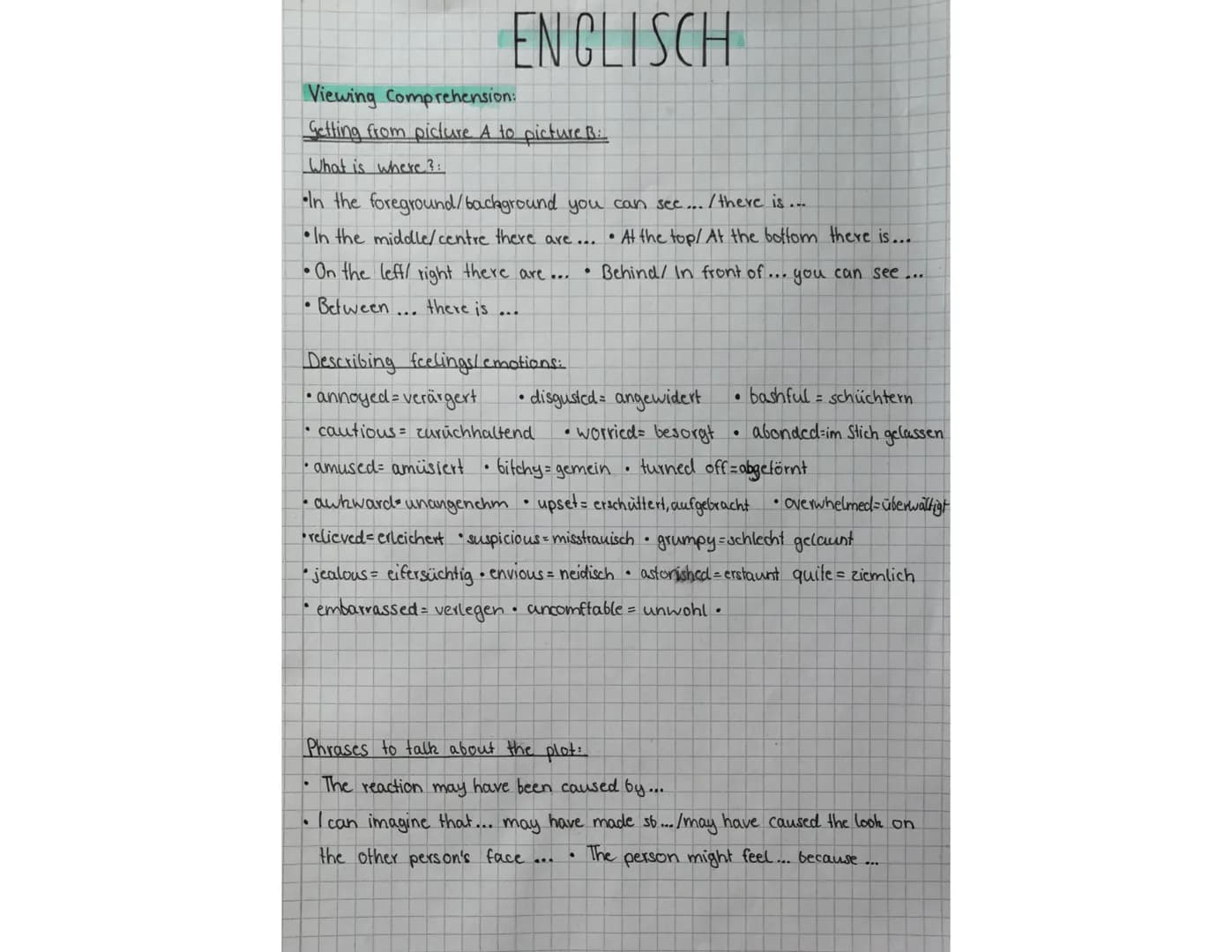 ENGLISCH
Viewing Comprehension:
Getting from picture. A to picture B:
What is where?:
In the foreground/background you can see....
In the mi