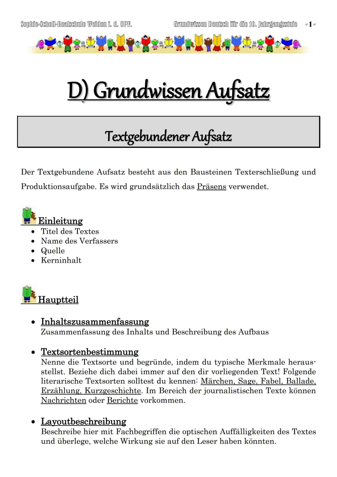 Sophie-Scholl-Realschule Weiden i. d. OPF.
Einleitung
. Titel des Textes
●
D) Grundwissen Aufsatz
Textgebundener Aufsatz
Der Textgebundene A