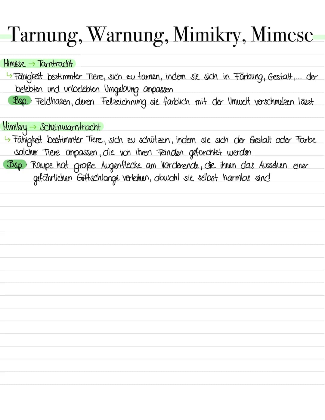Tarnung, Warnung, Mimikry, Mimese
Himese Tarntracht
↳ Fähigkeit bestimmter Tiere, sich zu tarnen, indem sie sich in Färbung, Gestalt,... der