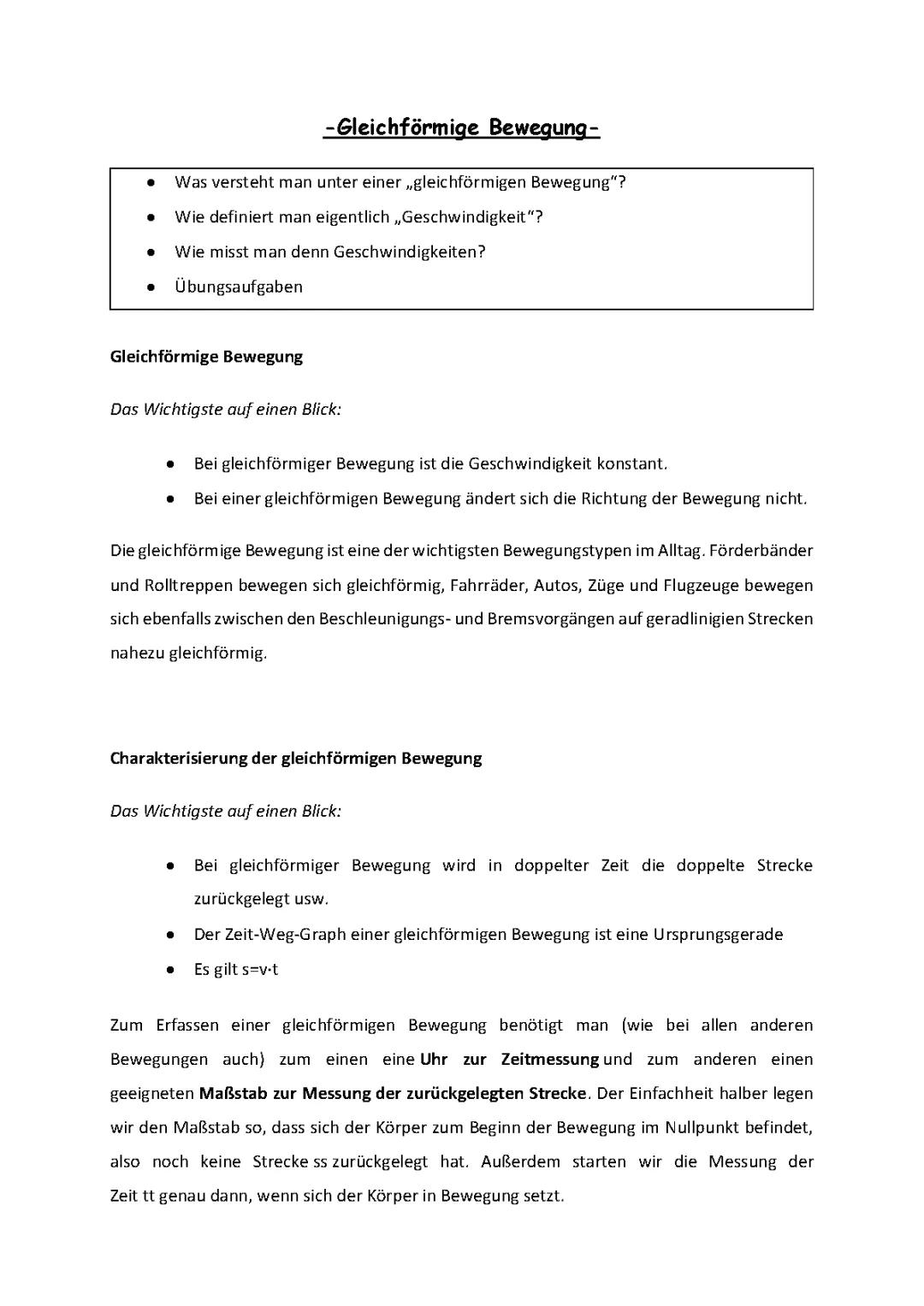 Gleichförmige Bewegung mit Übungsaufgaben