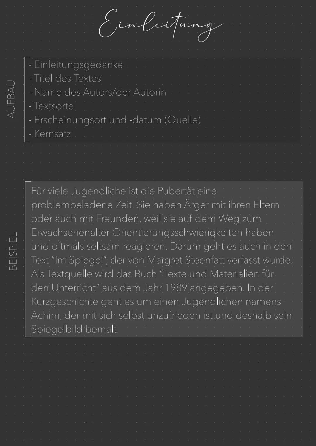 AUFBAU
BEISPIEL
Einleitung
- Einleitungsgedanke
-Titel des Textes
- Name des Autors/der Autorin
- Textsorte
- Erscheinungsort und -datum (Qu