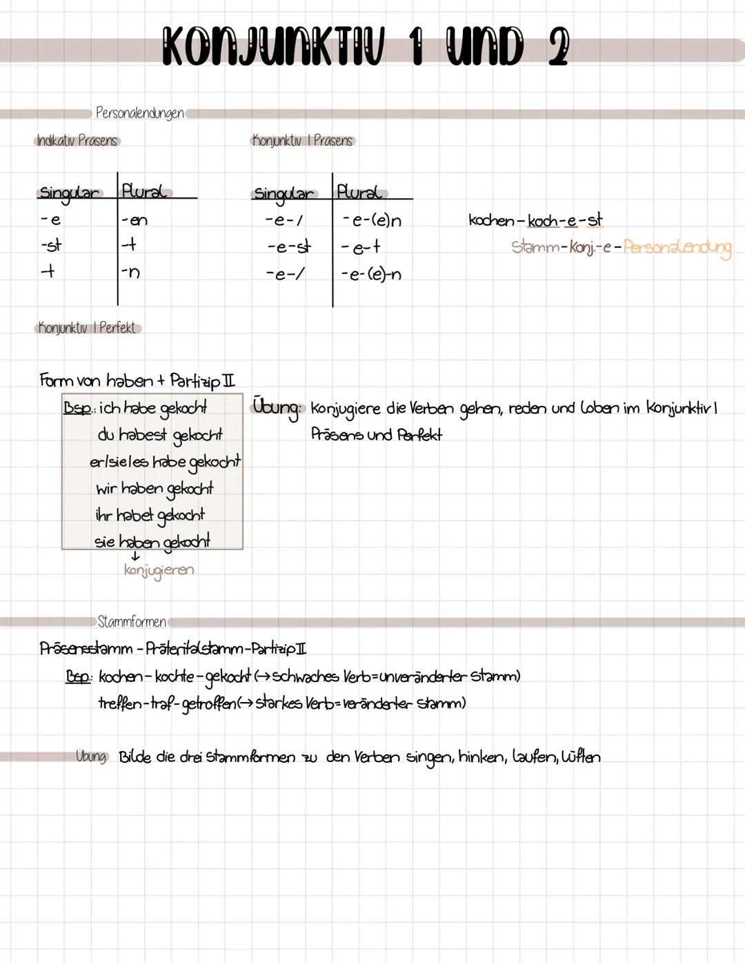 # KONJUNKTIV 1 UND 2

Personalendungen

Indikativ Prasens

| Singular | Plural |
| --------- | ------ |
| -e        | -en     |
| -st       
