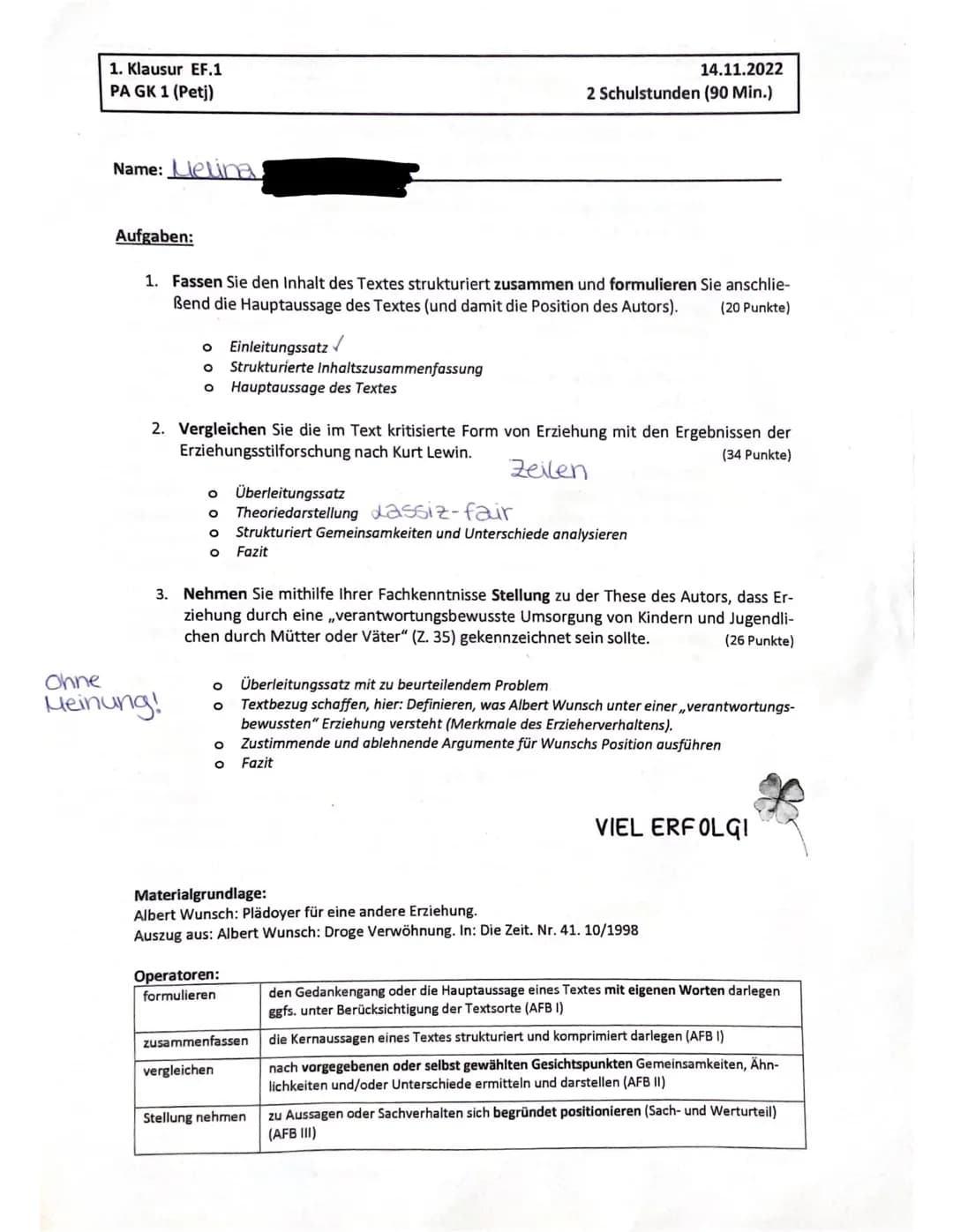ne:
PA EF GK 1 (Petj)
1.3
altliche Leistung:
r Schüler/ die Schülerin.
formullert eine aufgabenbezogene Einleitung: Titel, Autor, Textsorte,