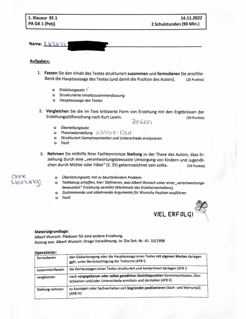 ne:
PA EF GK 1 (Petj)
1.3
altliche Leistung:
r Schüler/ die Schülerin.
formullert eine aufgabenbezogene Einleitung: Titel, Autor, Textsorte,