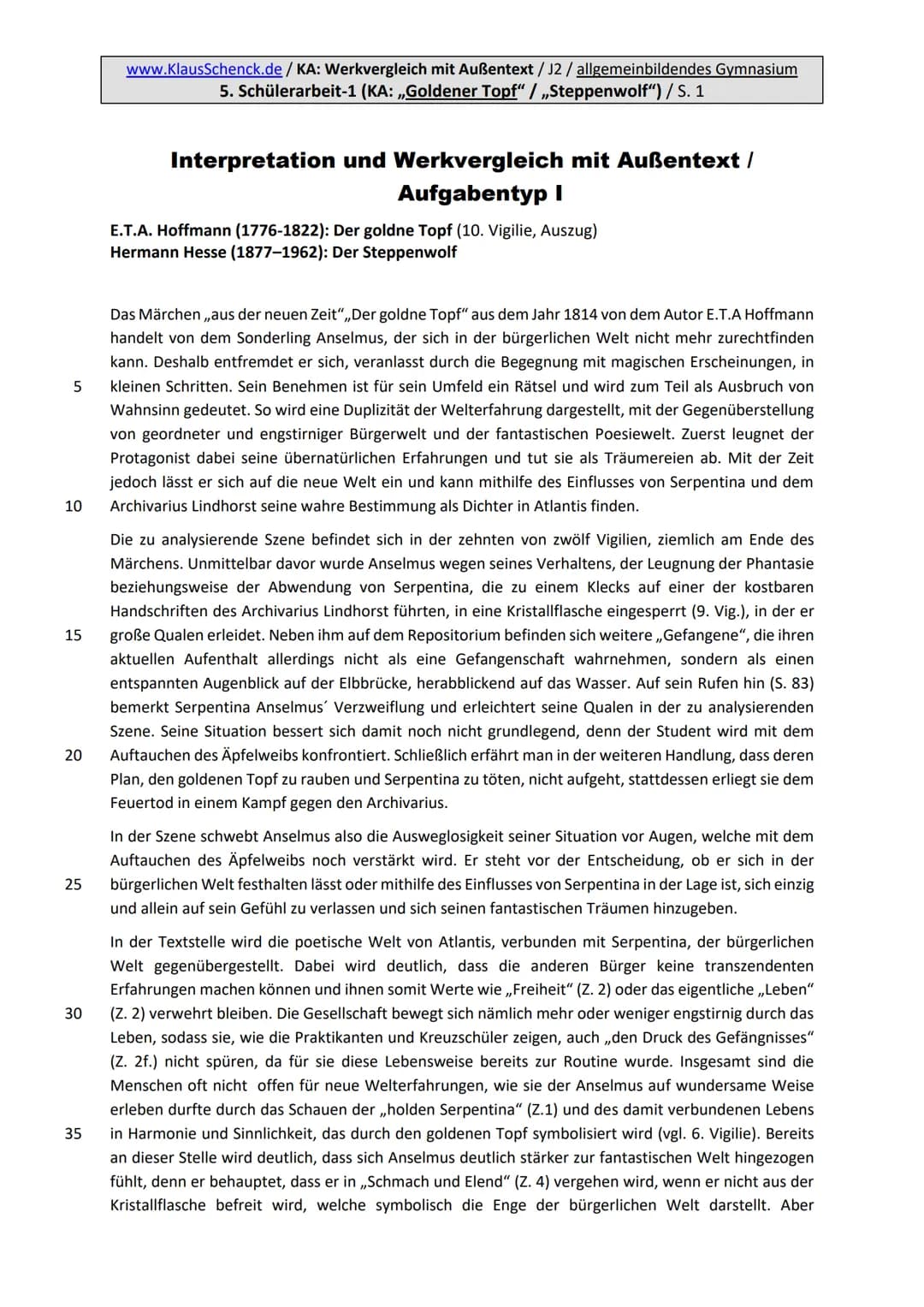 www.KlausSchenck.de/KA: Werkvergleich mit Außentext/J2 / allgemeinbildendes Gymnasium
1. Erläuterung der Aufgabenstellung / Gesamtüberblick: