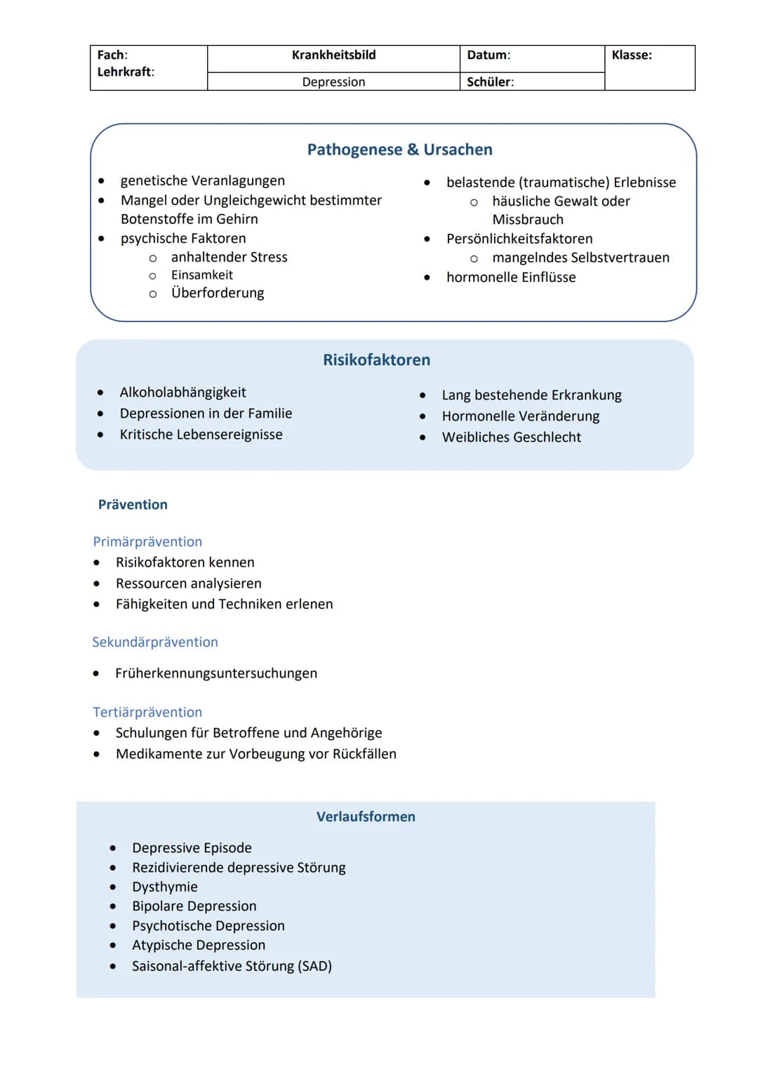 Fach:
Lehrkraft:
●
Depressionen
Depression (F.32.-) - Definition
deprimere (lat.)= niederdrücken
Depressionen gehören zu den Affektiven Stör