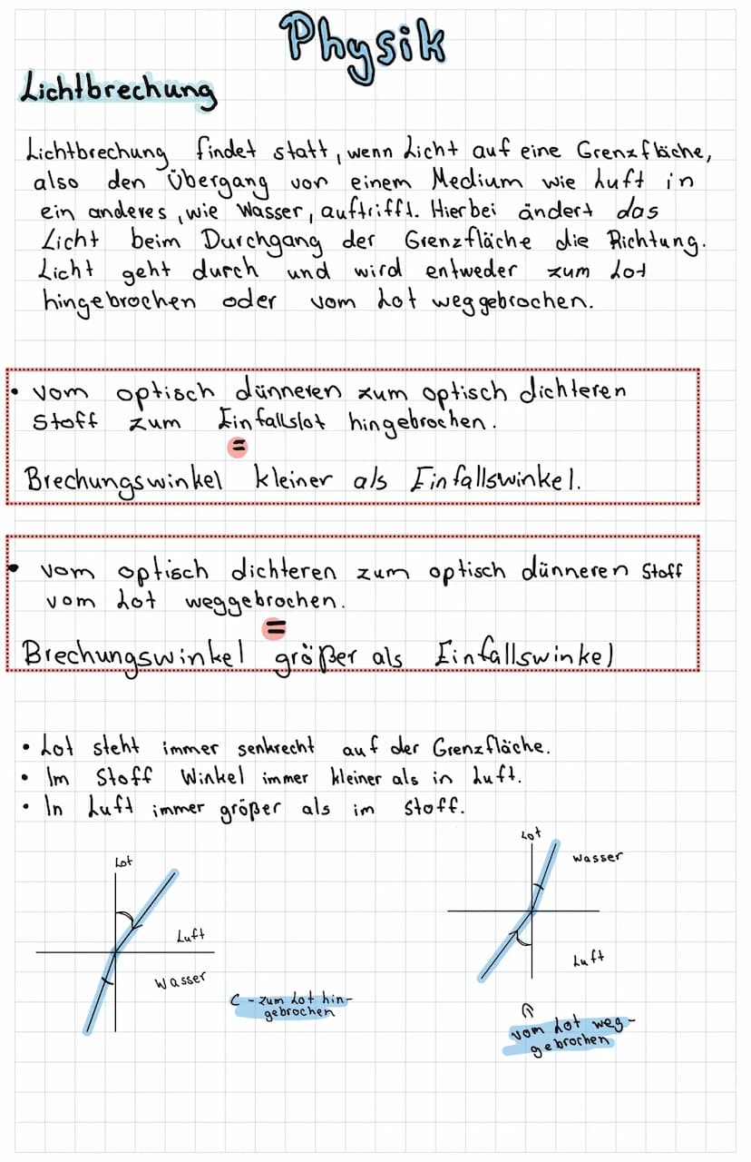 Physik
Lichtbrechung
Lichtbrechung findet statt, wenn Licht auf eine Grenxfliche,
also den Übergang von
einem Medium wie Luft in
ein anderes