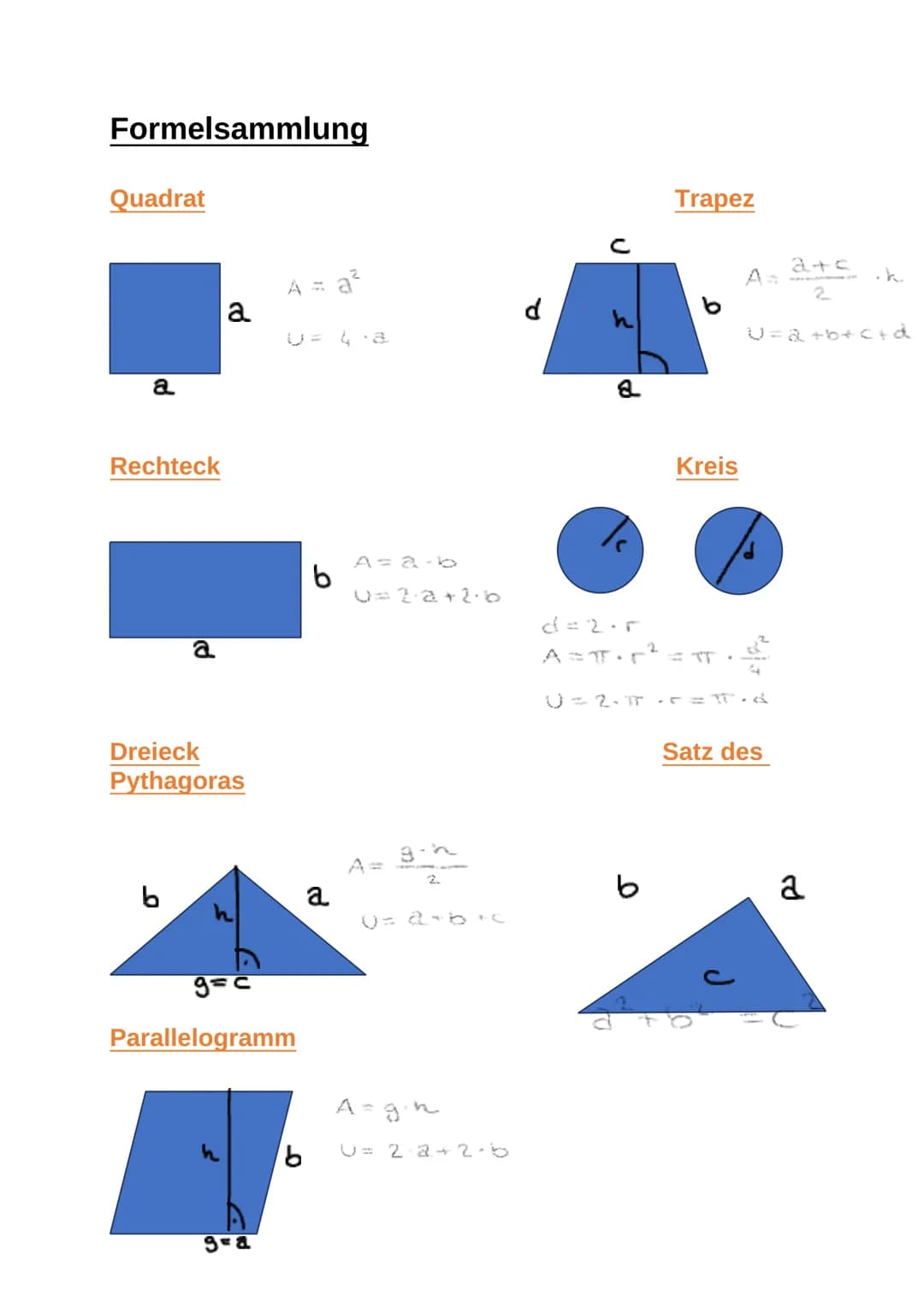 Formelsammlung
Quadrat
a
Rechteck
a
b
a
Dreieck
Pythagoras
A = a²
g=a
U = 4.8
g=c
Parallelogramm
b
b
a
A = a-b
U=2·2+2.6
3-h
2.
U= 2+b+c
A=g